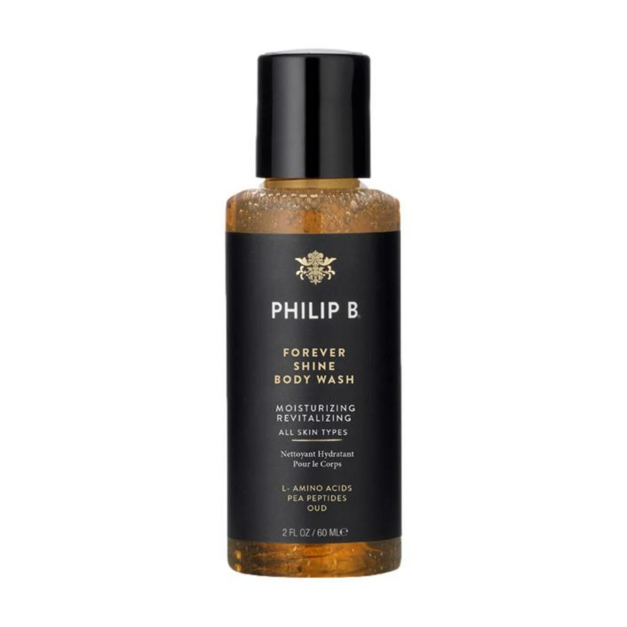 Körperwaschmittel-Flasche mit schwarzem Deckel. Aufschrift: PHILIP B, FOREVER SHINE BODY WASH. Enthält L-Aminosäuren, Erbsenpeptide, Oud. 60 ml.