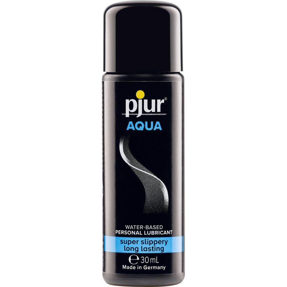 Schwarze Flasche mit schwarzem Deckel. Aufschrift: pjur AQUA, Wasserbasiertes Gleitmittel, super glatt, langanhaltend. Made in Germany.