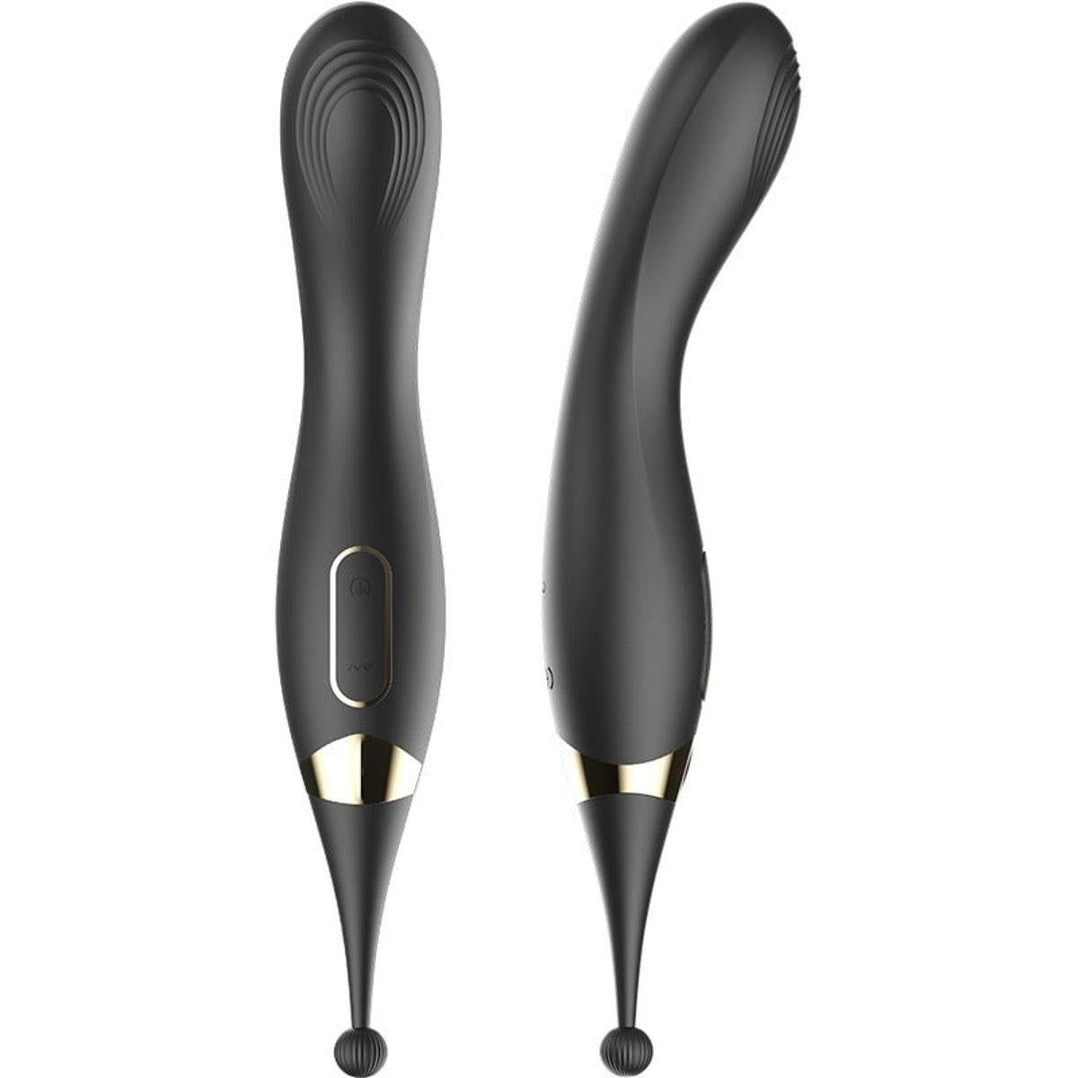 Zwei schwarze Vibratoren nebeneinander. Beide haben eine gebogene Form, goldfarbene Akzente und eine Kugel bzw. eine abgerundete Spitze.