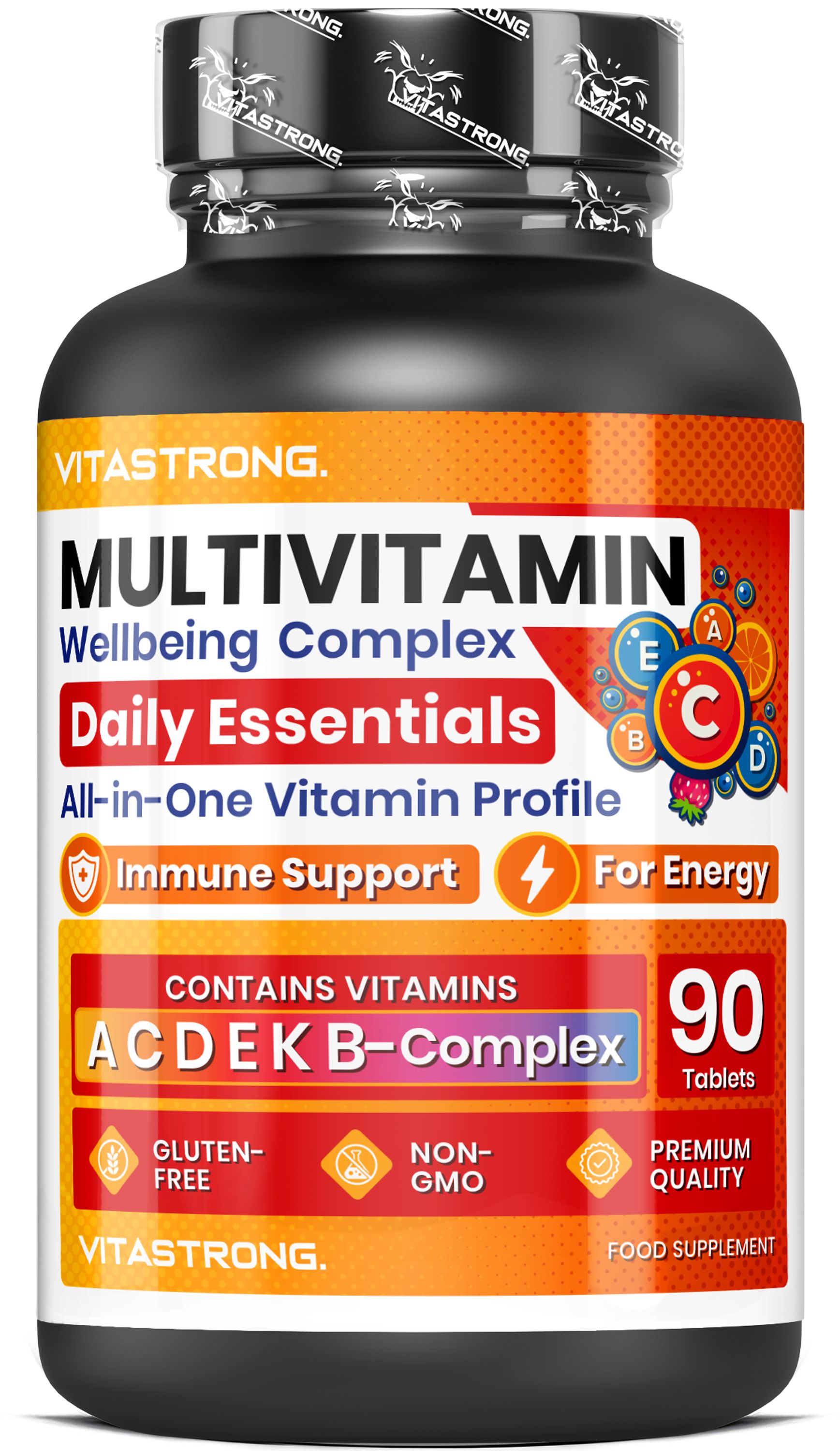 Vitastrong Multivitamin: 90 Tabletten, Immunsystem, Energie, Glutenfrei, Non-GMO.
