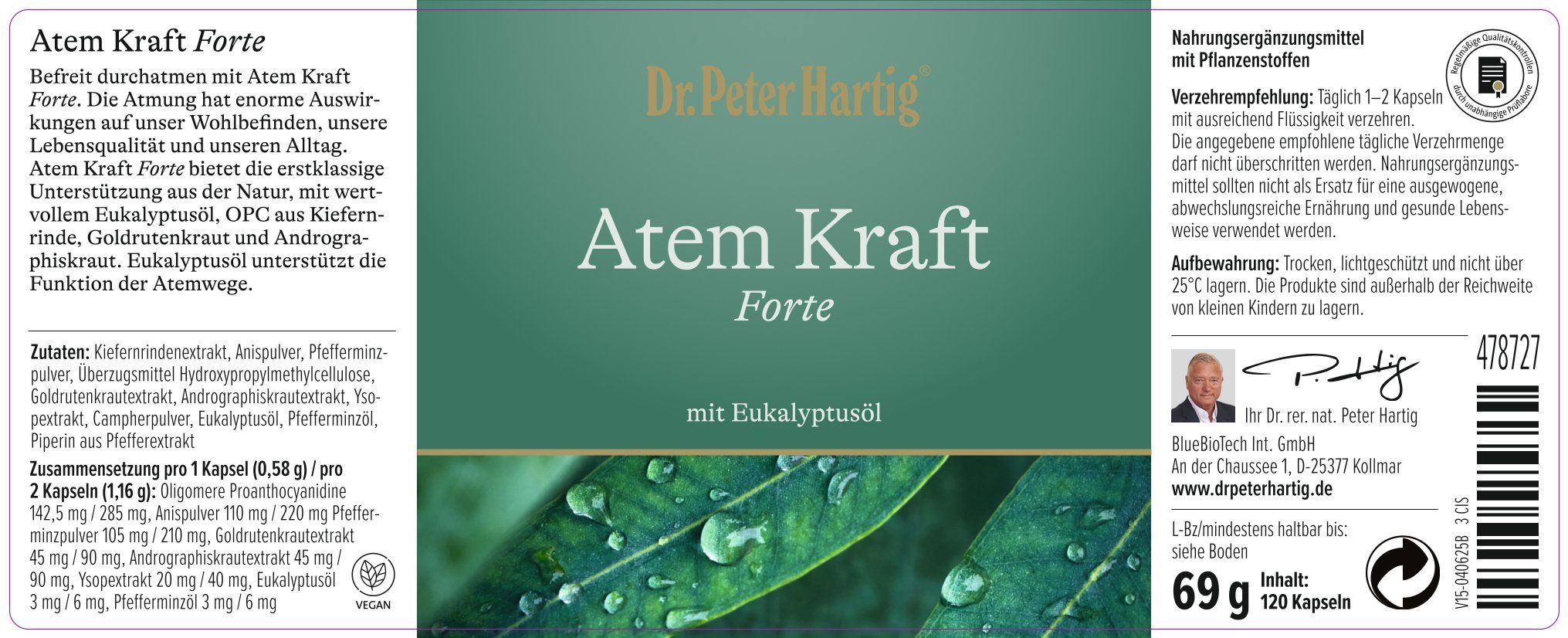 Produktetikett: Atem Kraft Forte, mit Eukalyptusöl. Text: Dr. Peter Hartig. Inhaltsstoffe, Dosierung, Anwendungshinweise. 69 g, 120 Kapseln.