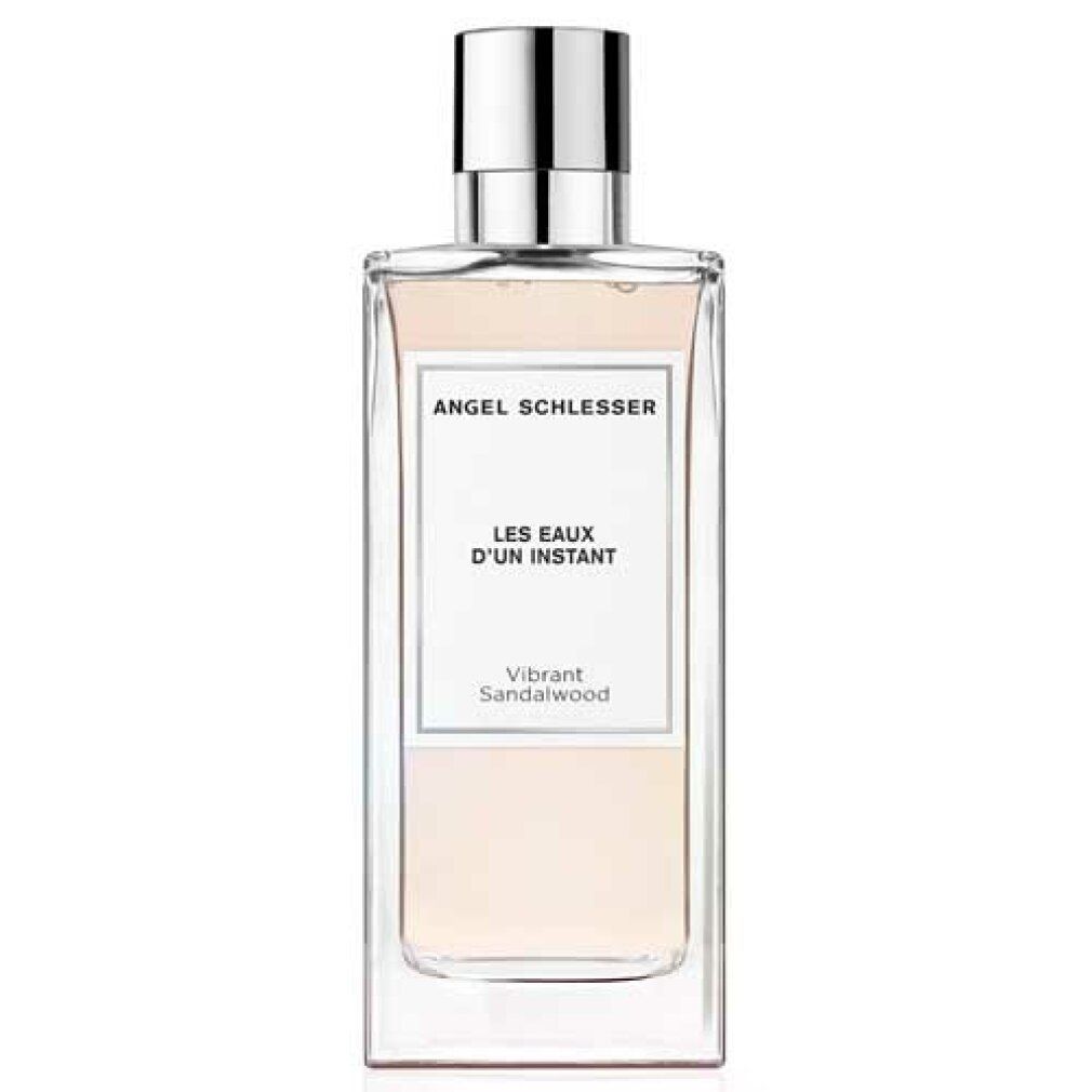 Flakon mit silbernem Verschluss. Auf dem Etikett steht Angel Schlesser Les Eaux d'Un Instant Vibrant Sandalwood.