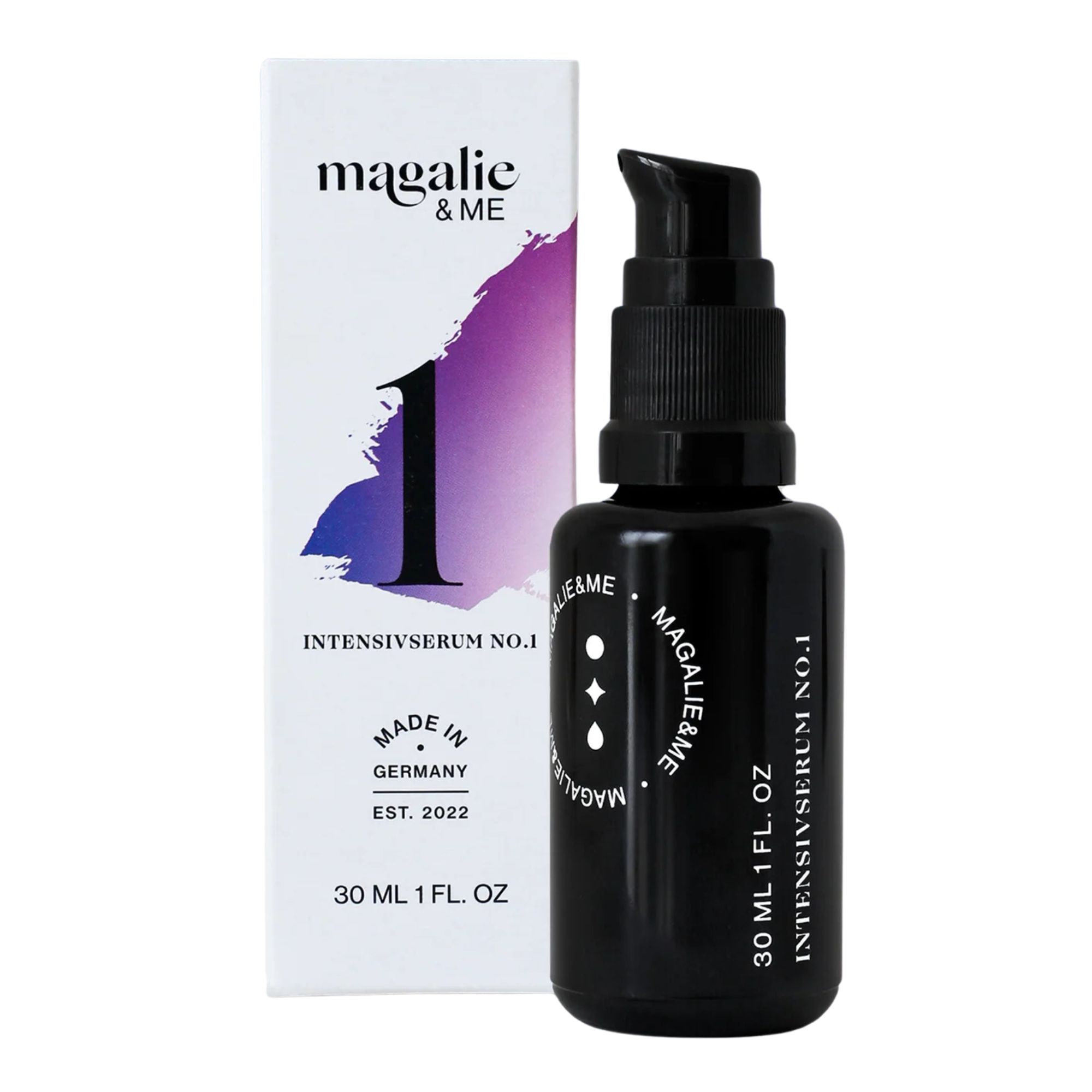 Schwarze Flasche mit Pumpe und Karton. Aufschrift: Magalie&ME Intensivserum NO.1. Hergestellt in Deutschland. 30 ml.