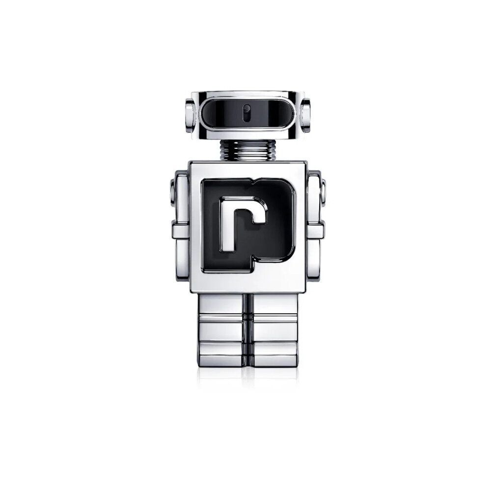 Silberfarbener Flakon in Roboterform. Schwarzes "P"-Logo. Zylindrischer Hals, rechteckiger Körper, rechteckige Füße.