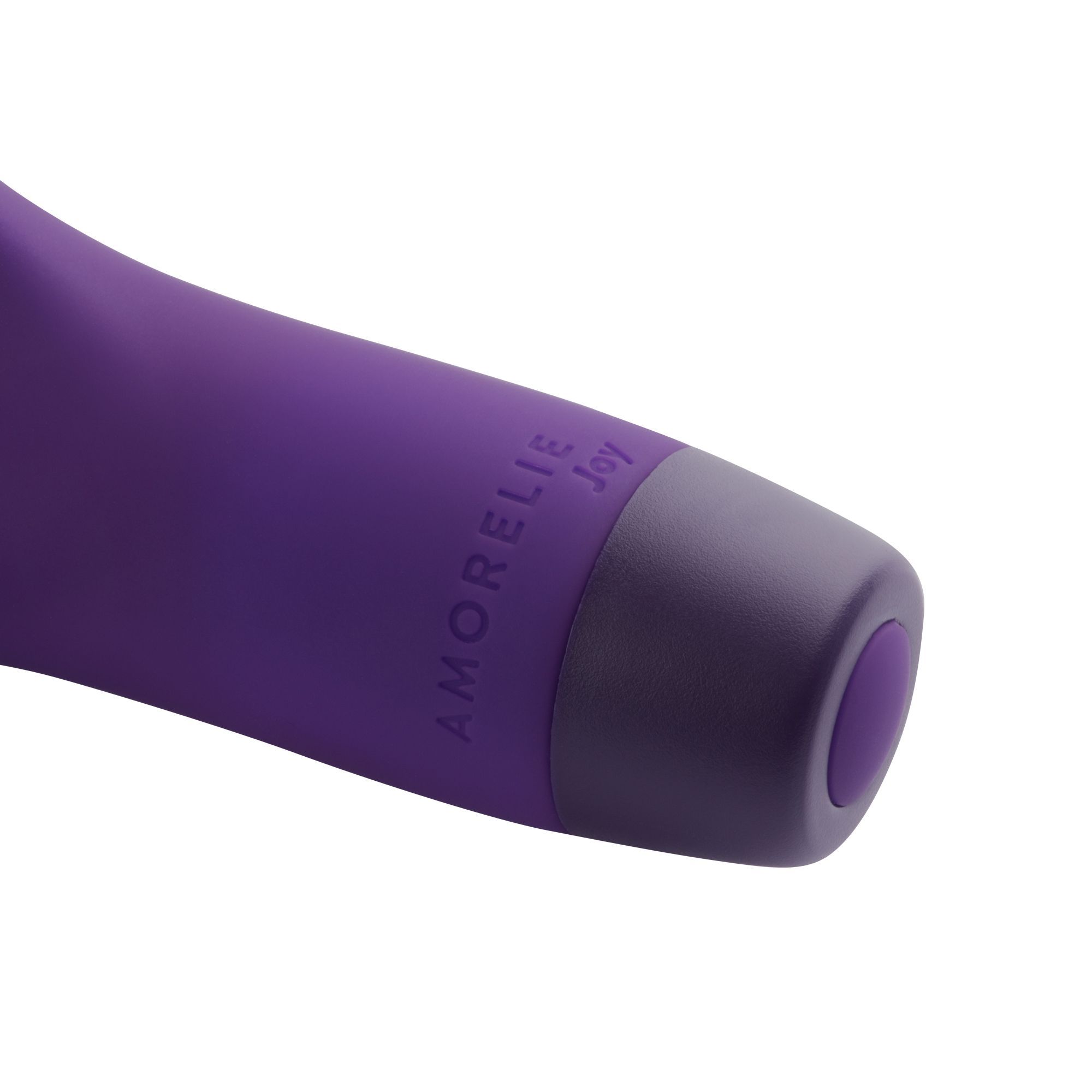 Nahaufnahme des violetten Auflegevibrators. AMORELIE Joy Logo am Griff. Dunkelgrauer Sockel. Geriffelte Spitze.