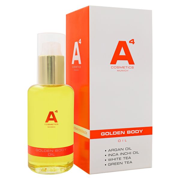 Goldenes Körperöl in Glasflasche mit Spender. Logo und Produktbezeichnung auf der Flasche. Enthält Arganöl, Inca Inchi Öl, Weißer Tee, Grüner Tee.