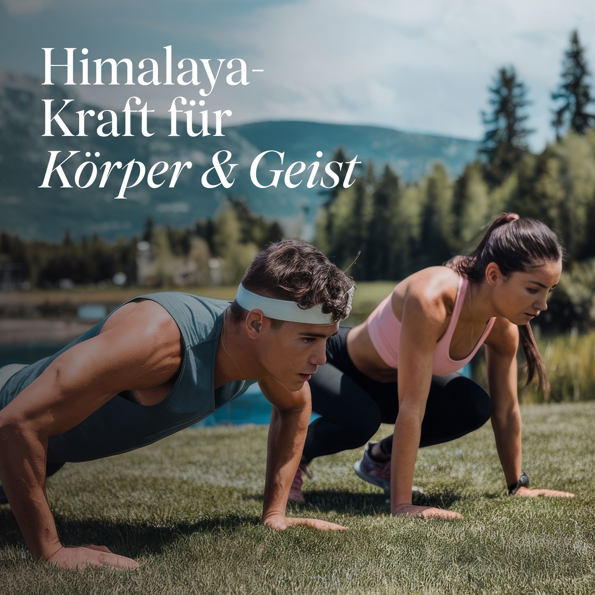 Mann und Frau in Sportkleidung machen Liegestütze im Freien. Text: Himalaya-Kraft für Körper & Geist.