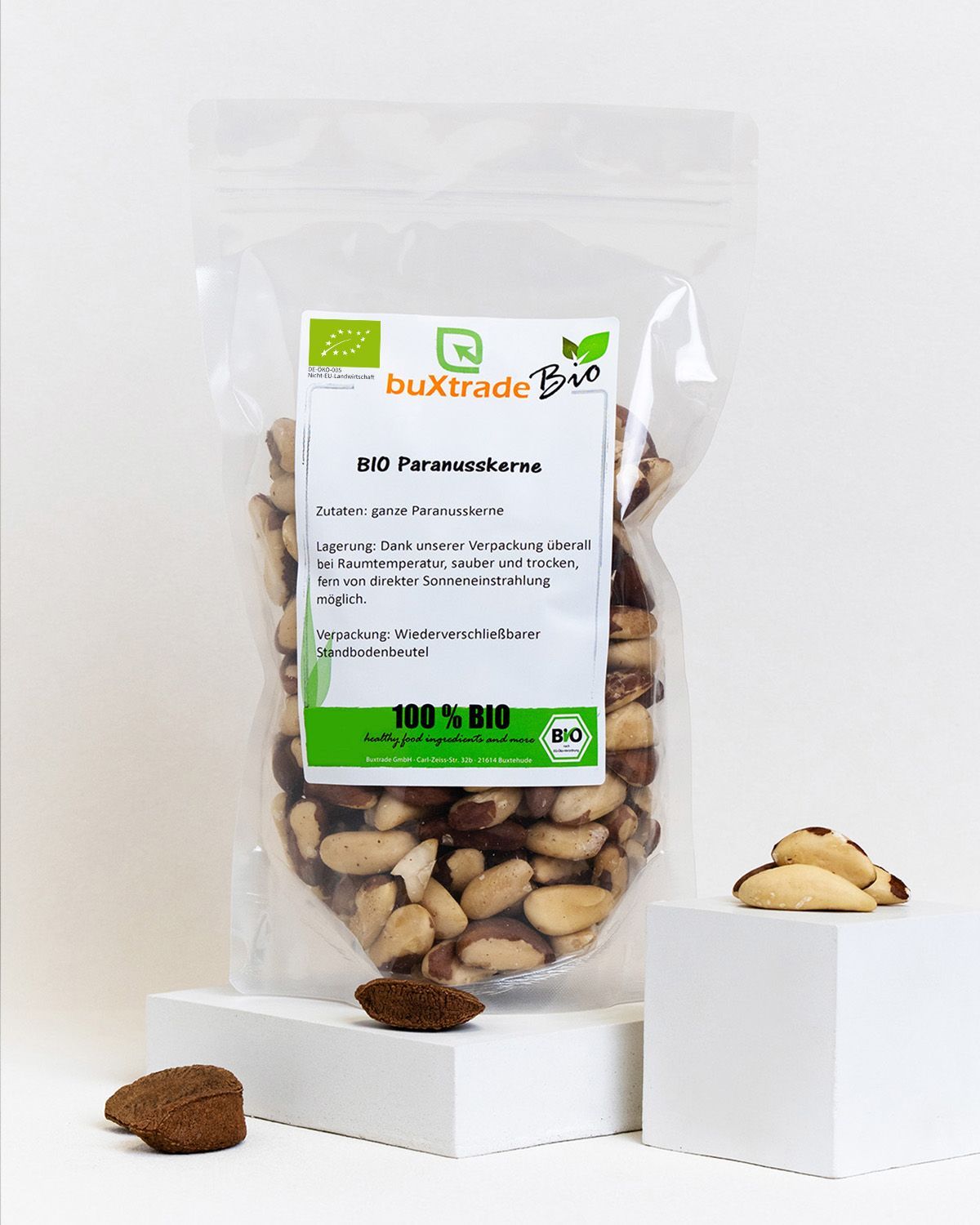 BIO Paranusskerne in transparenter, wiederverschließbarer Verpackung. Enthält 100% BIO Paranusskerne.