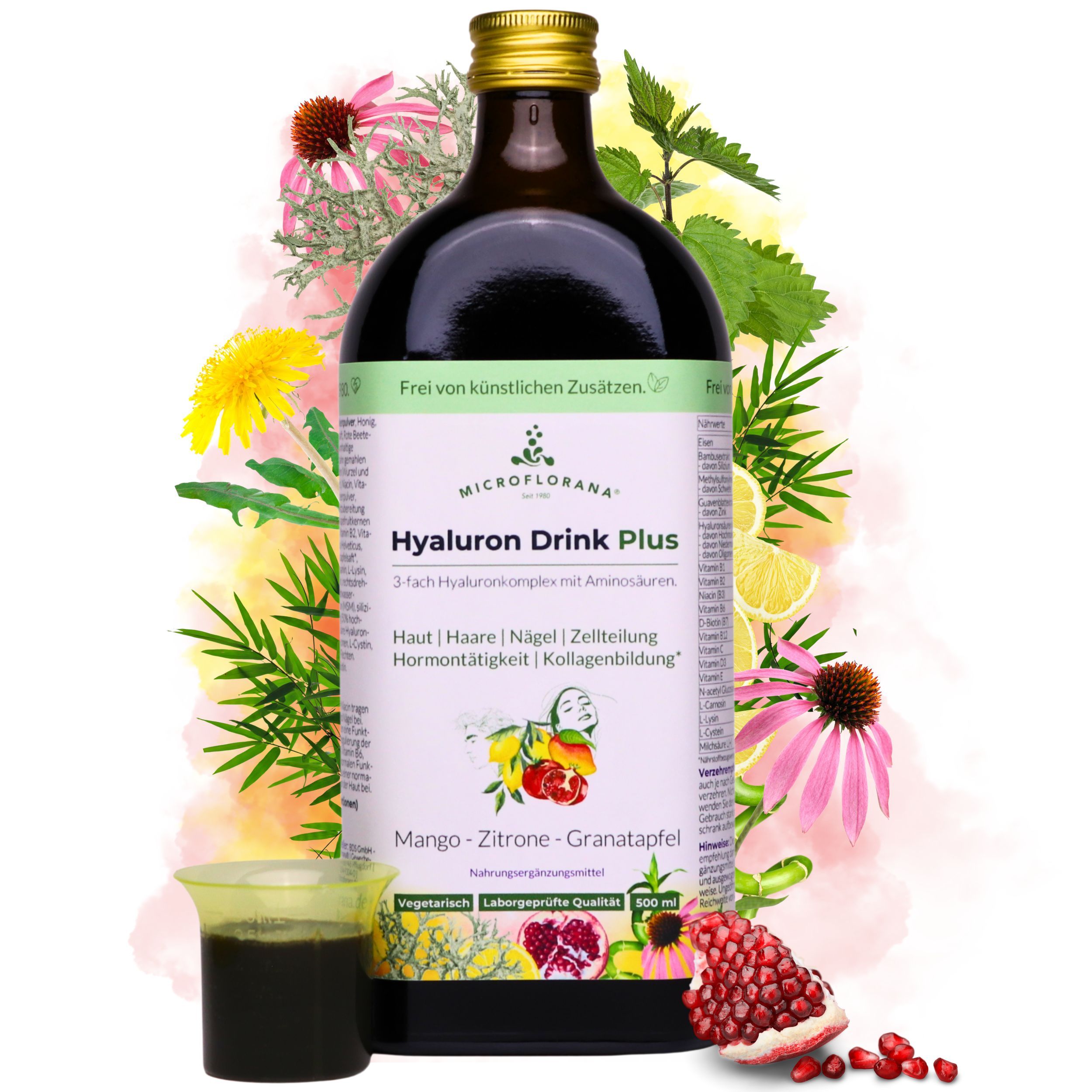 MICROFLORANA® Hyaluron Drink Plus Flasche mit Zutaten. Messbecher. Aufschrift: Mango-Zitrone-Granatapfel.