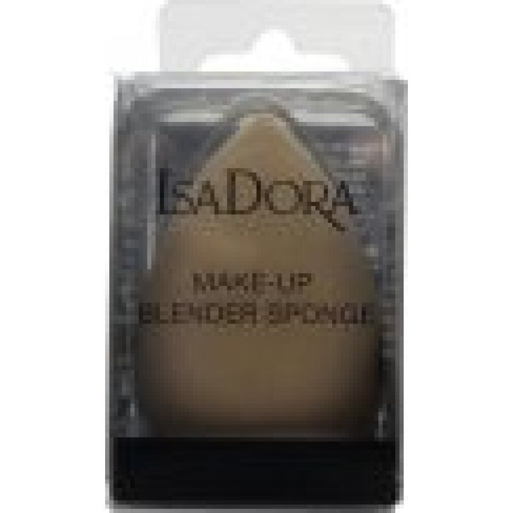 Make-up Blender Sponge in Verpackung. Tropfenförmiger Schwamm, beige. Marke IsaDora, Schriftzug Make-up Blender Sponge.