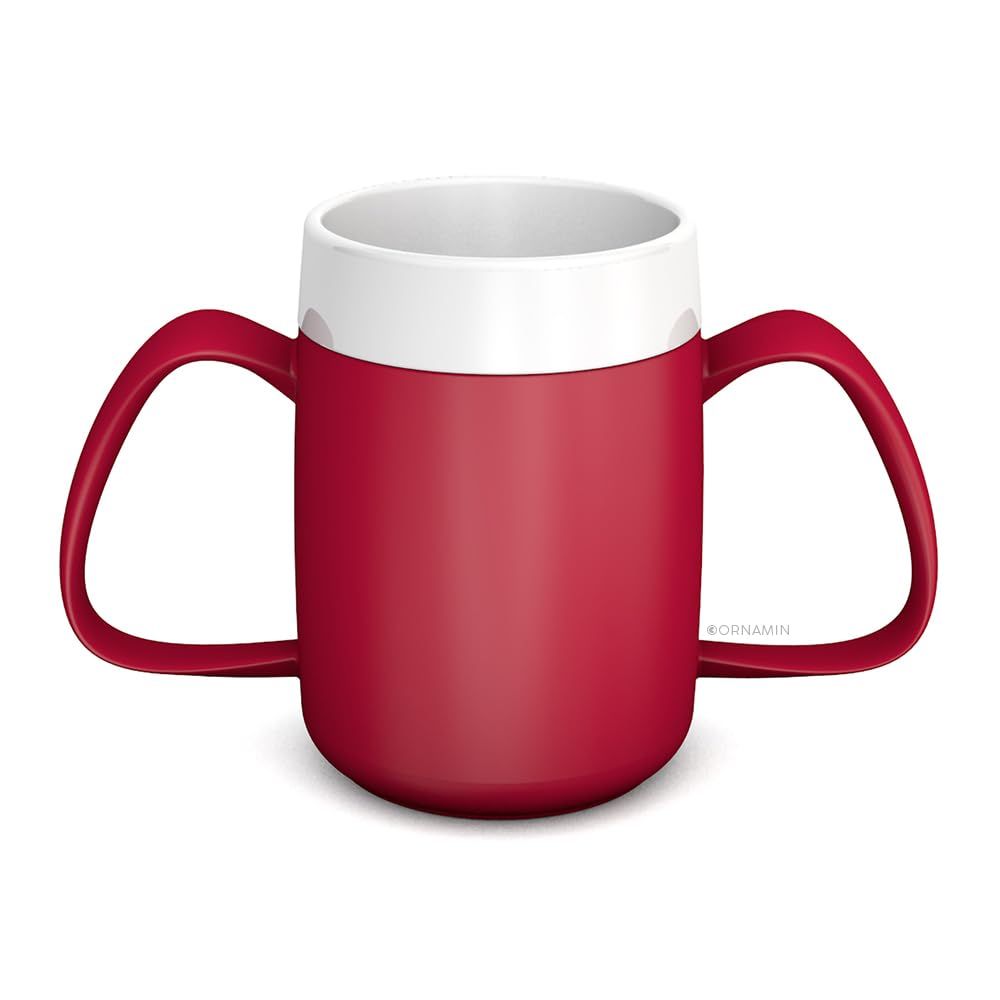 Roter Becher mit zwei Henkeln und weißem Rand, isoliert.