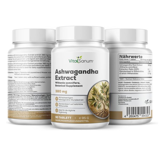 Drei Flaschen VitaSanum Ashwagandha Extract. Eine Flasche zeigt detaillierte Nährwertangaben.