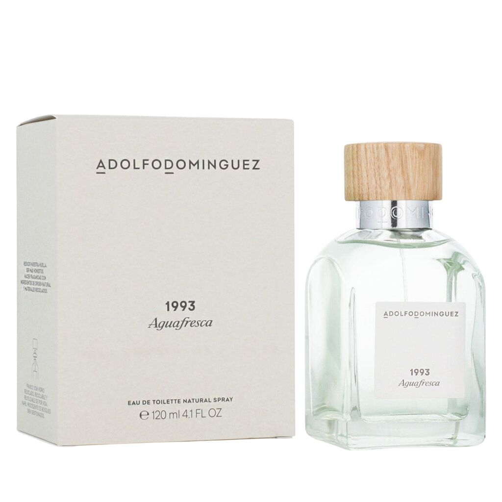Flakon und Verpackung von ADOLFO DOMINGUEZ Eau de Toilette. Rechteckiger Flakon mit Holzdeckel. Aufschrift: 1993 Aguafresca.