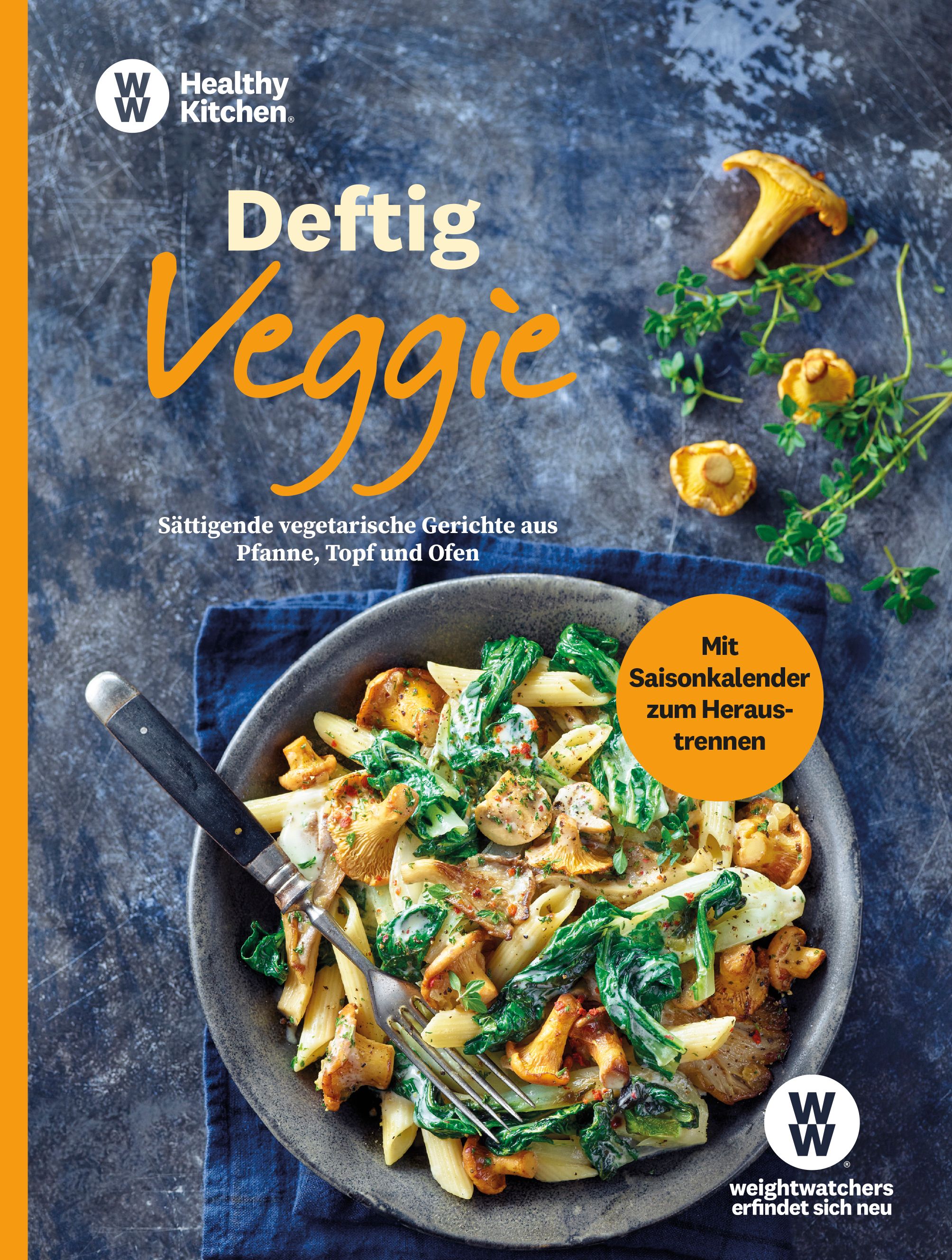 Kochbuch-Cover mit dem Titel "Deftig Veggie". Enthält vegetarische Gerichte. WW-Logo oben links, Gericht in Schüssel.