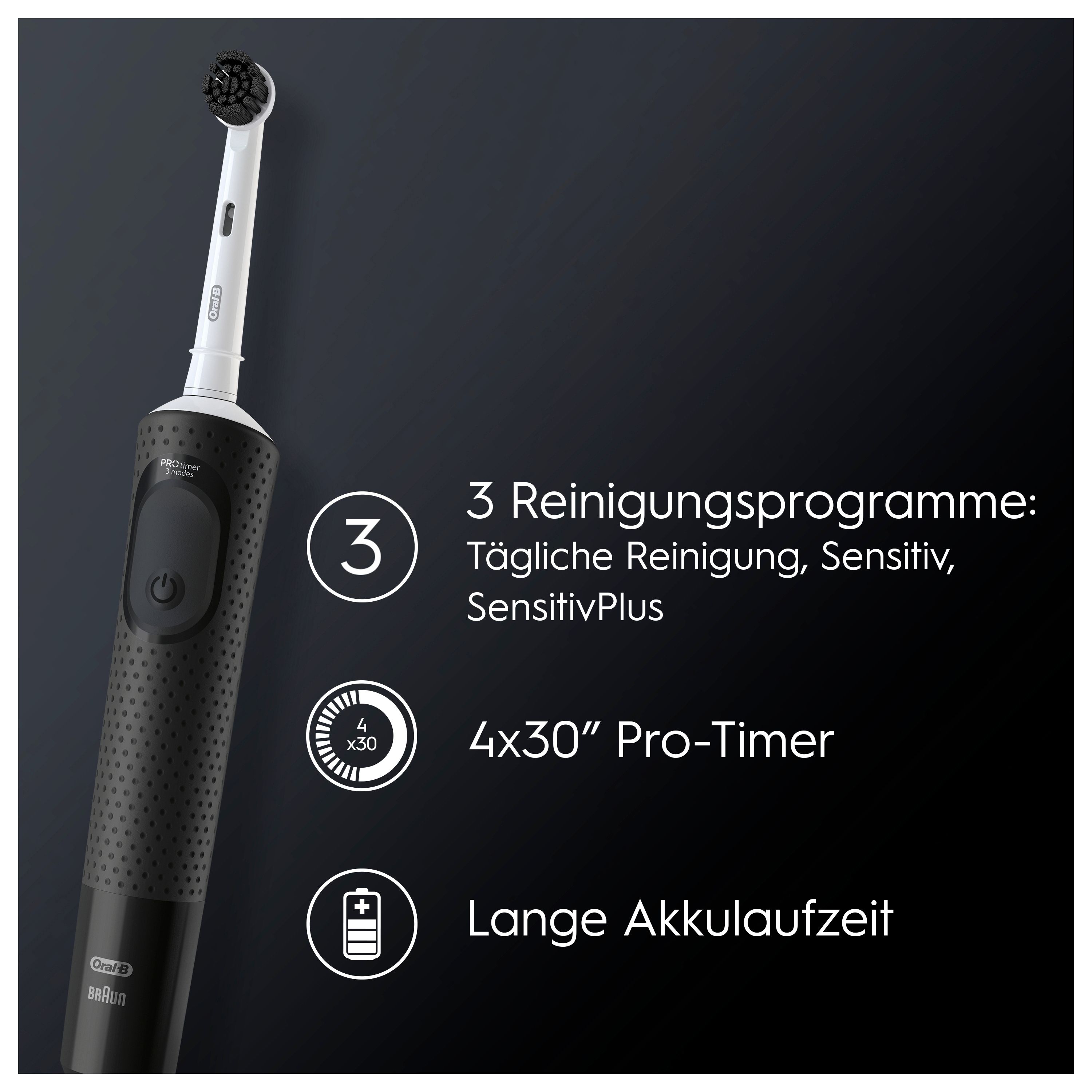 Schwarze elektrische Zahnbürste. Text: 3 Reinigungsmodi, 4x30" Pro-Timer, lange Akkulaufzeit.