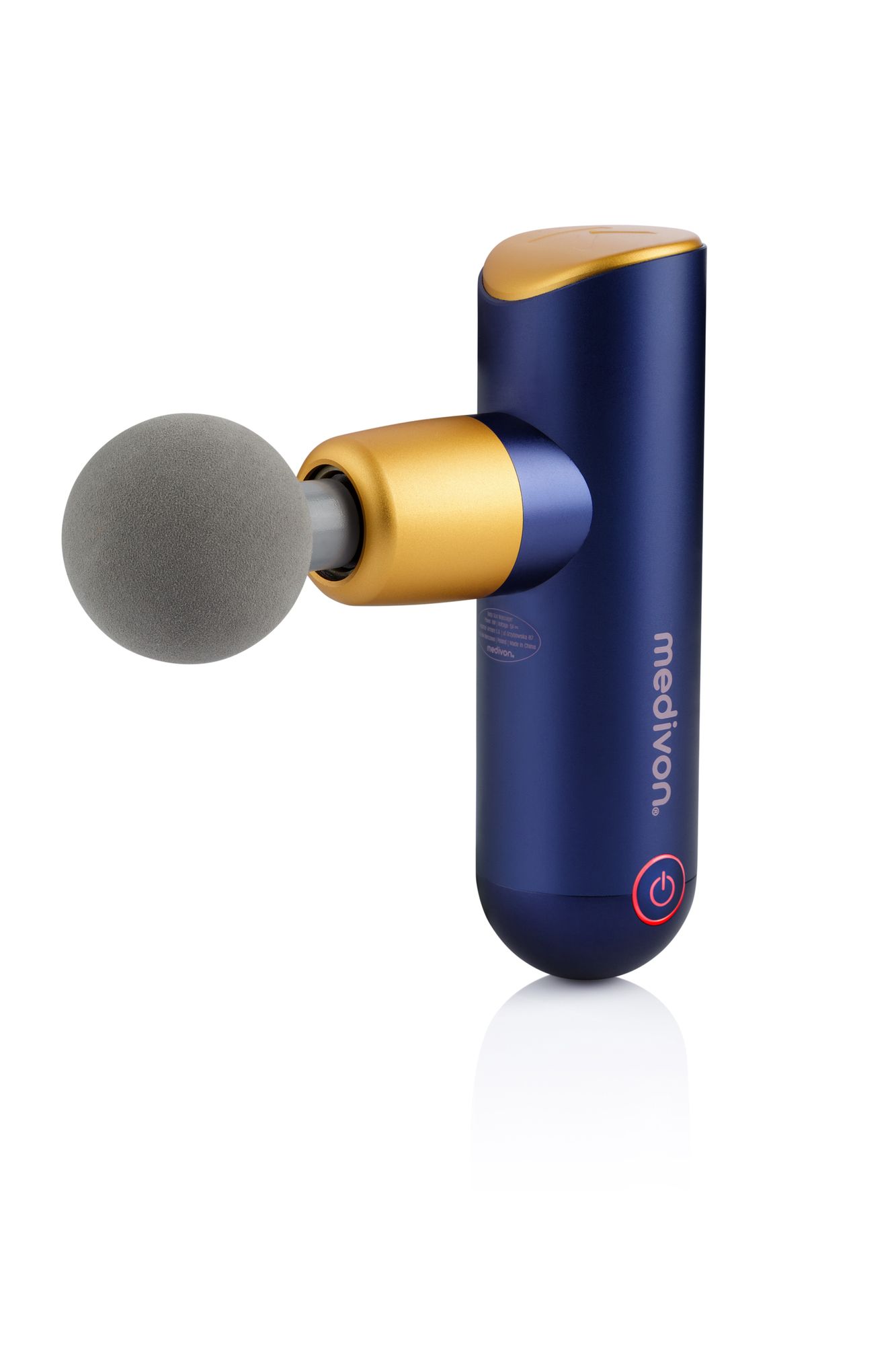 Blau-goldene Massagepistole mit grauem Aufsatz. Auf dem Gerät steht "medivon". Runder Ein-/Ausschalter.