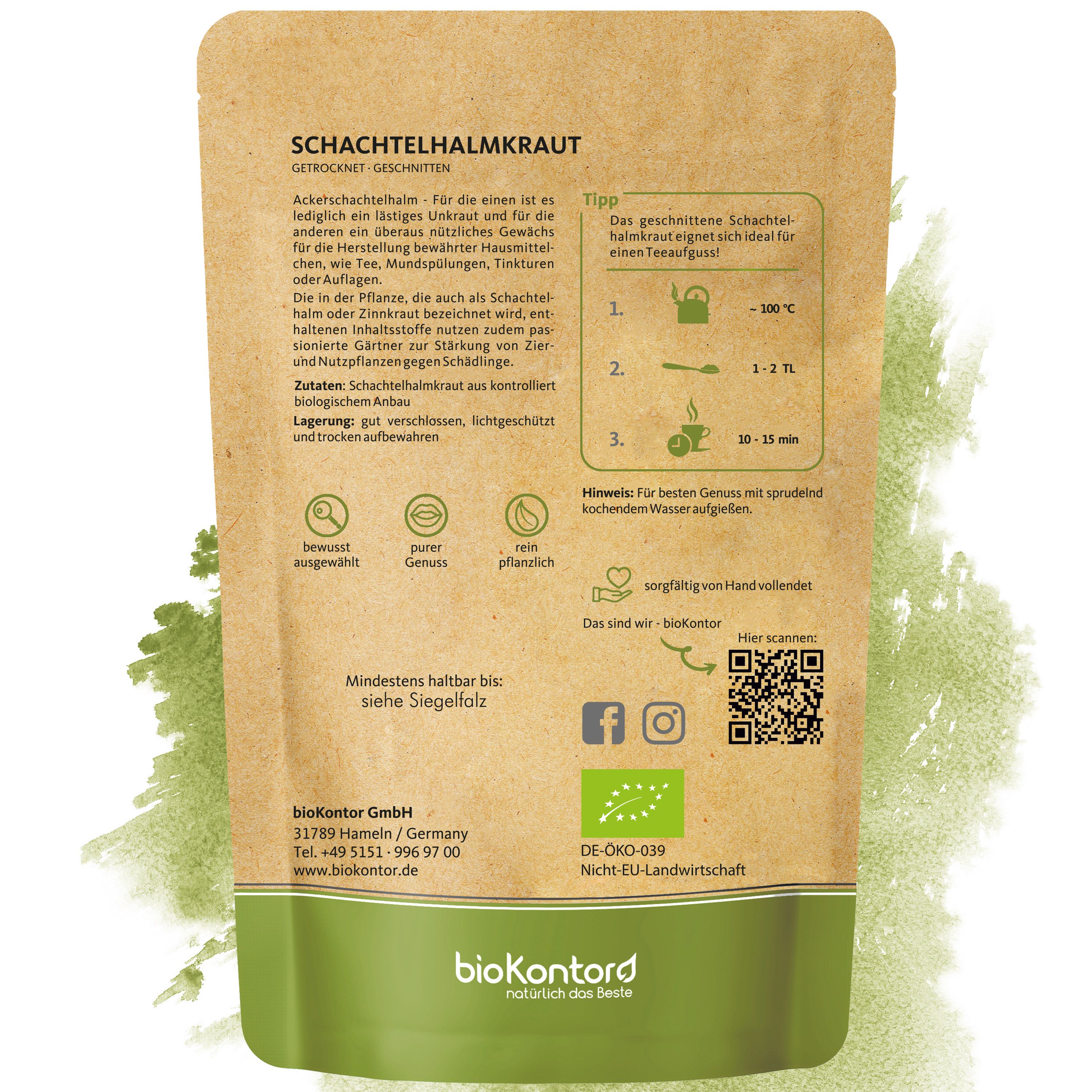 Bio-Kräutertee Schachtelhalmkraut geschnitten in einer braunen Papiertüte mit Bio-Siegel und Kräutermotiv.