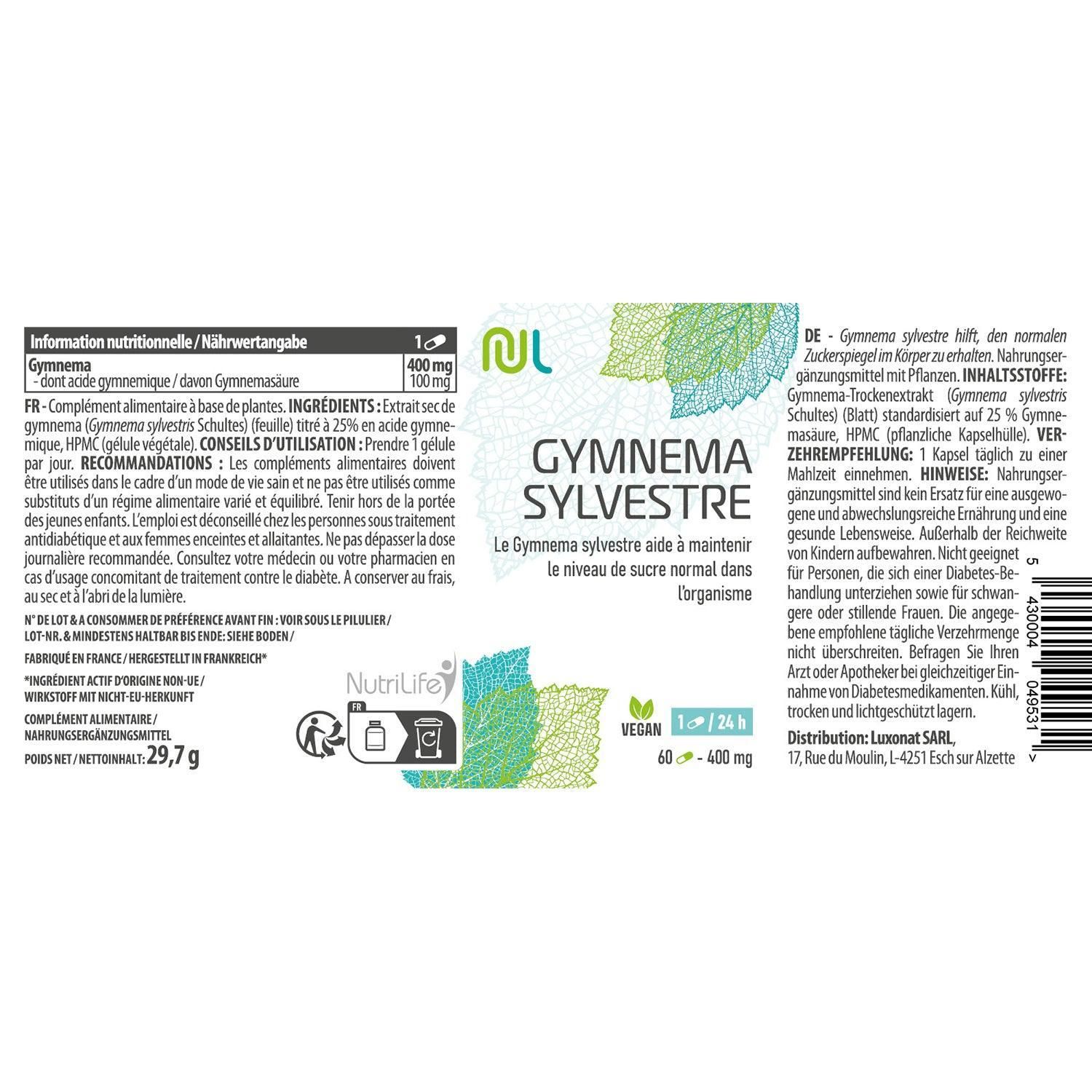 Produktetikett mit Informationen zu Gymnema sylvestre. Enthält Text in Deutsch und Französisch, sowie das NutriLife-Logo.
