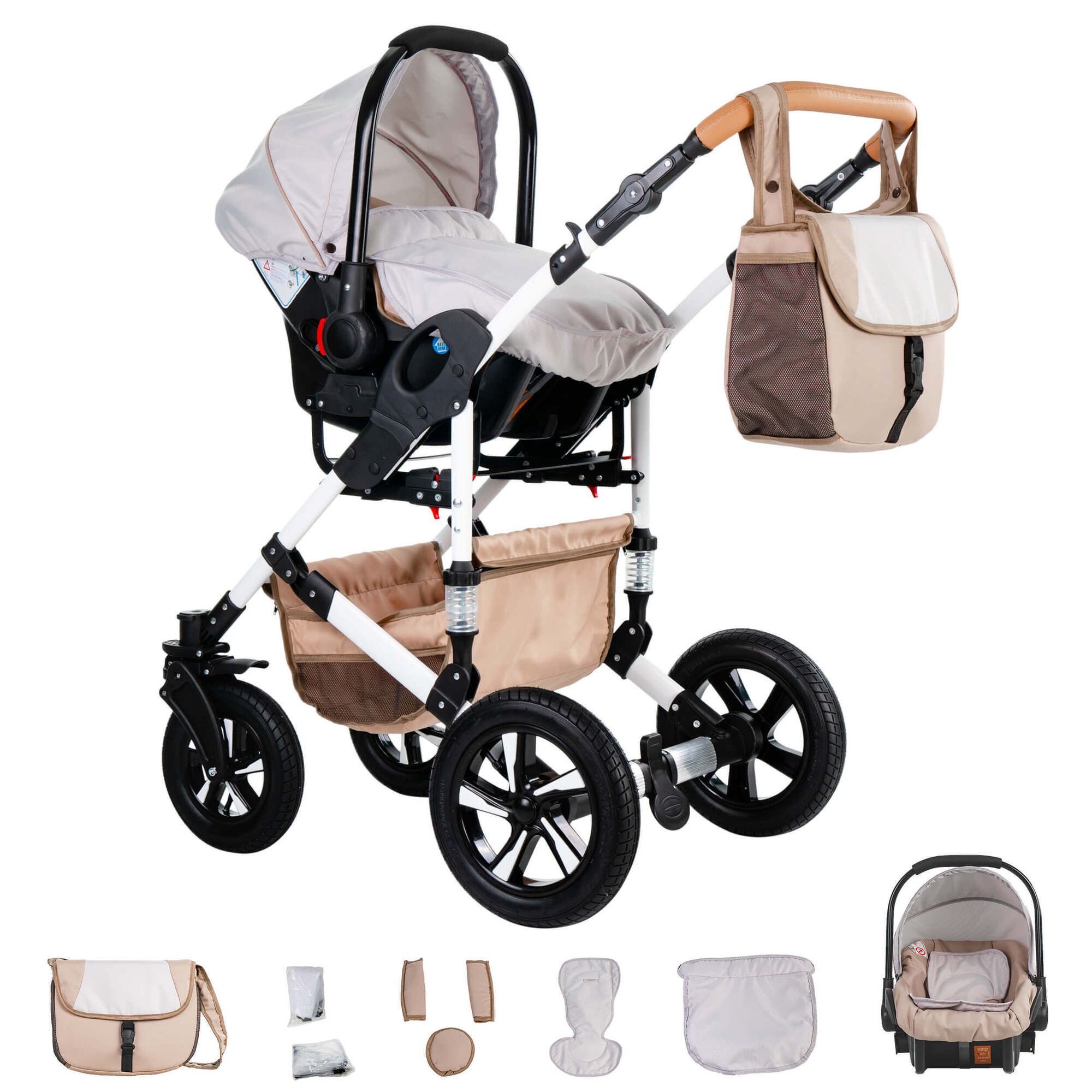 Kinderwagen-Set in Creme und Beige. Enthält Babyschale, Tragetasche und Zubehör. Weißes Gestell, Hartgummireifen.