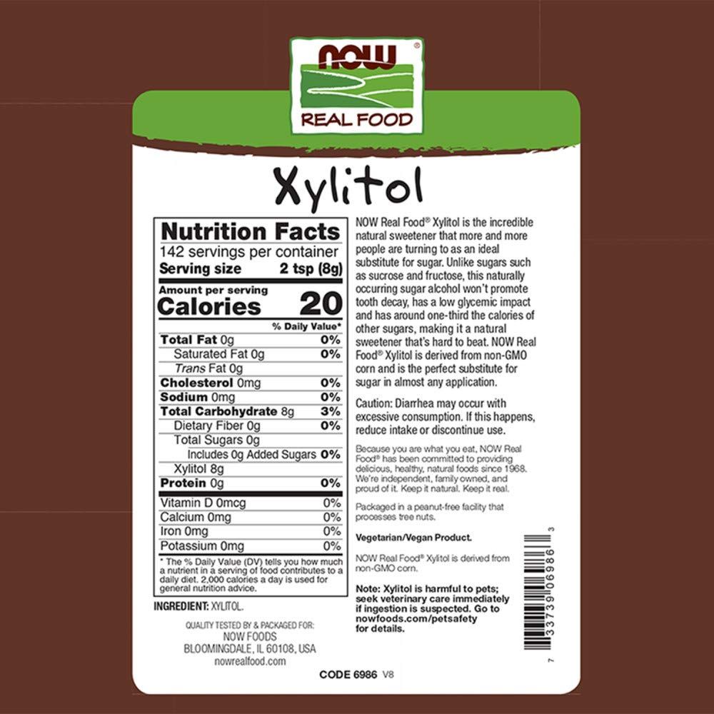 Rückseite der Xylit-Verpackung von Now Foods. Nährwertangaben und Text. Enthält Xylit.