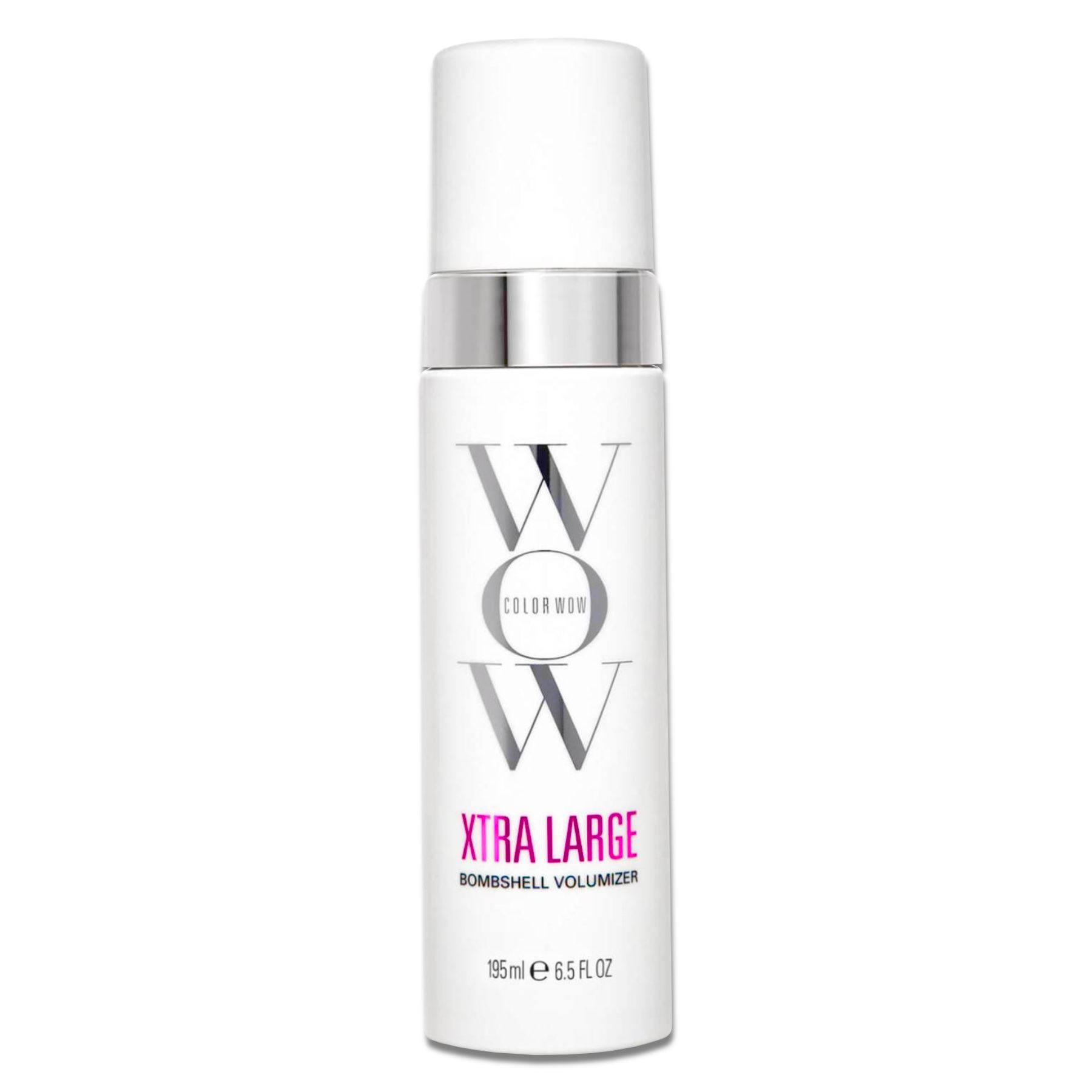 Weißer Schaumfestiger mit silbernem Ring. Schriftzug: COLOR WOW Xtra Large Bombshell Volumizer. 195ml.