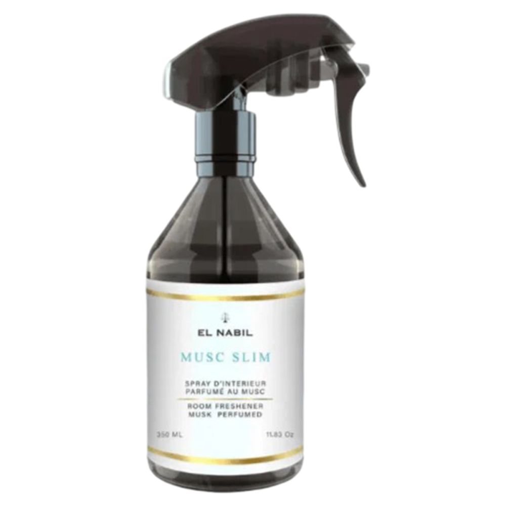 Sprühflasche mit schwarzem Sprühkopf. Etikett mit Produktnamen MUSC SLIM und Markenlogo EL NABIL. Text: Room Freshener Musk Perfumed.