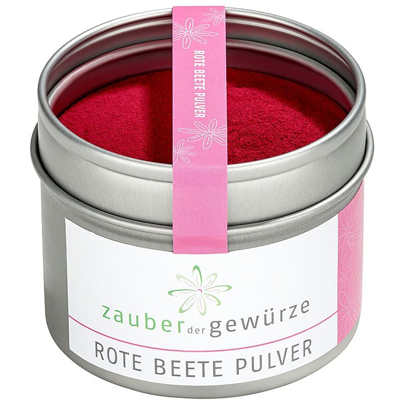 Rote Beete Pulver in Dose. Dose aus Metall, rosa Etikett mit Schriftzug. Rosa Pulver sichtbar.