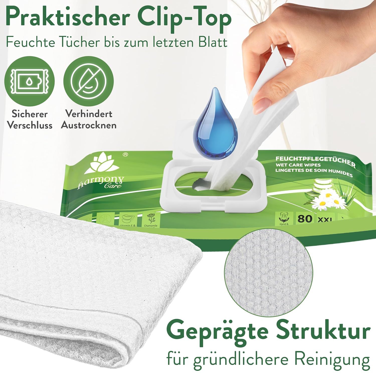 Verpackung mit Clip-Top-Verschluss. Text: Praktischer Clip-Top, Feuchte Tücher bis zum letzten Blatt, geprägte Struktur. 80 XXL.