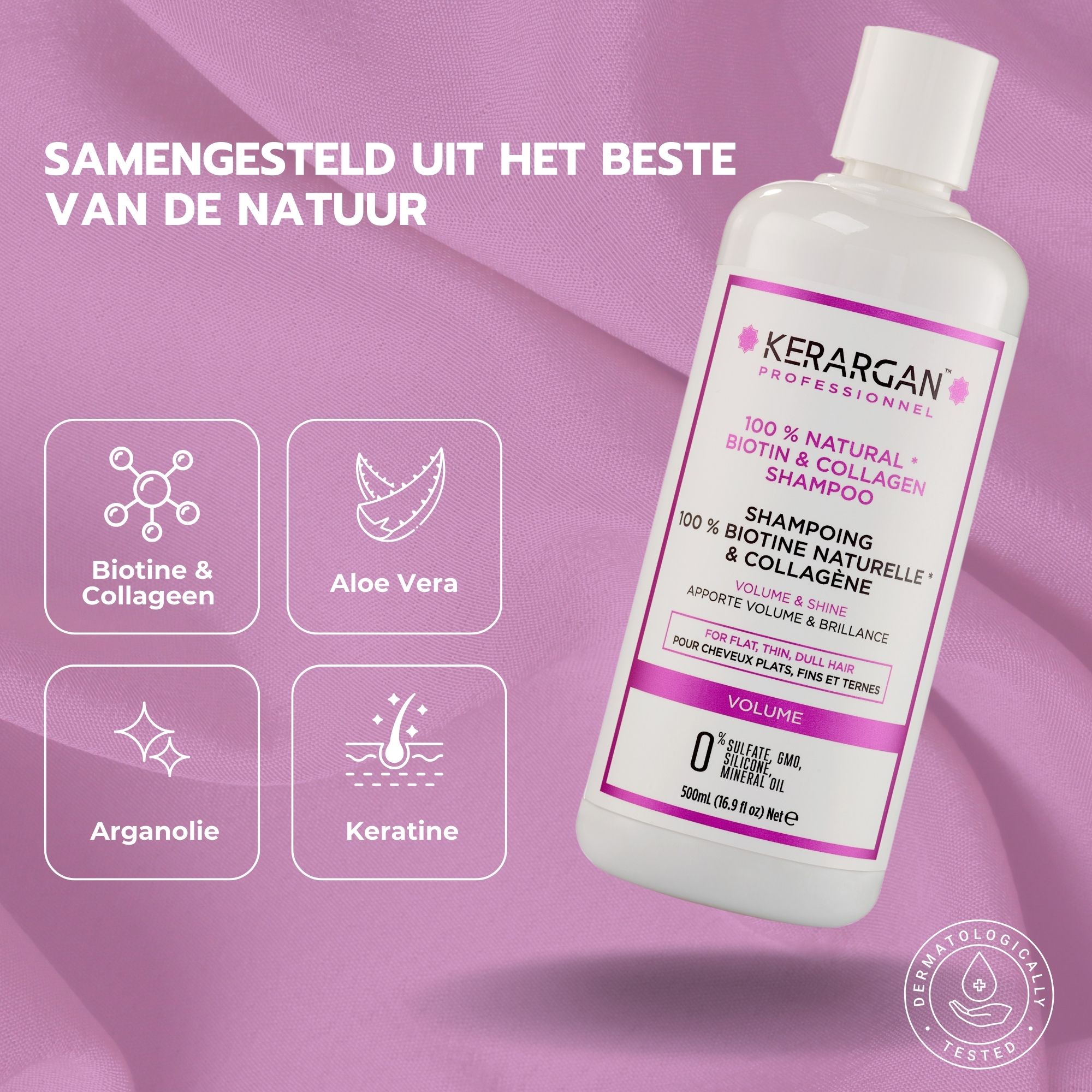 Kerargan shampoo met ingrediënten: biotine & collageen, aloë vera, arganolie, keratine. Tekst: Natuurlijke ingrediënten.