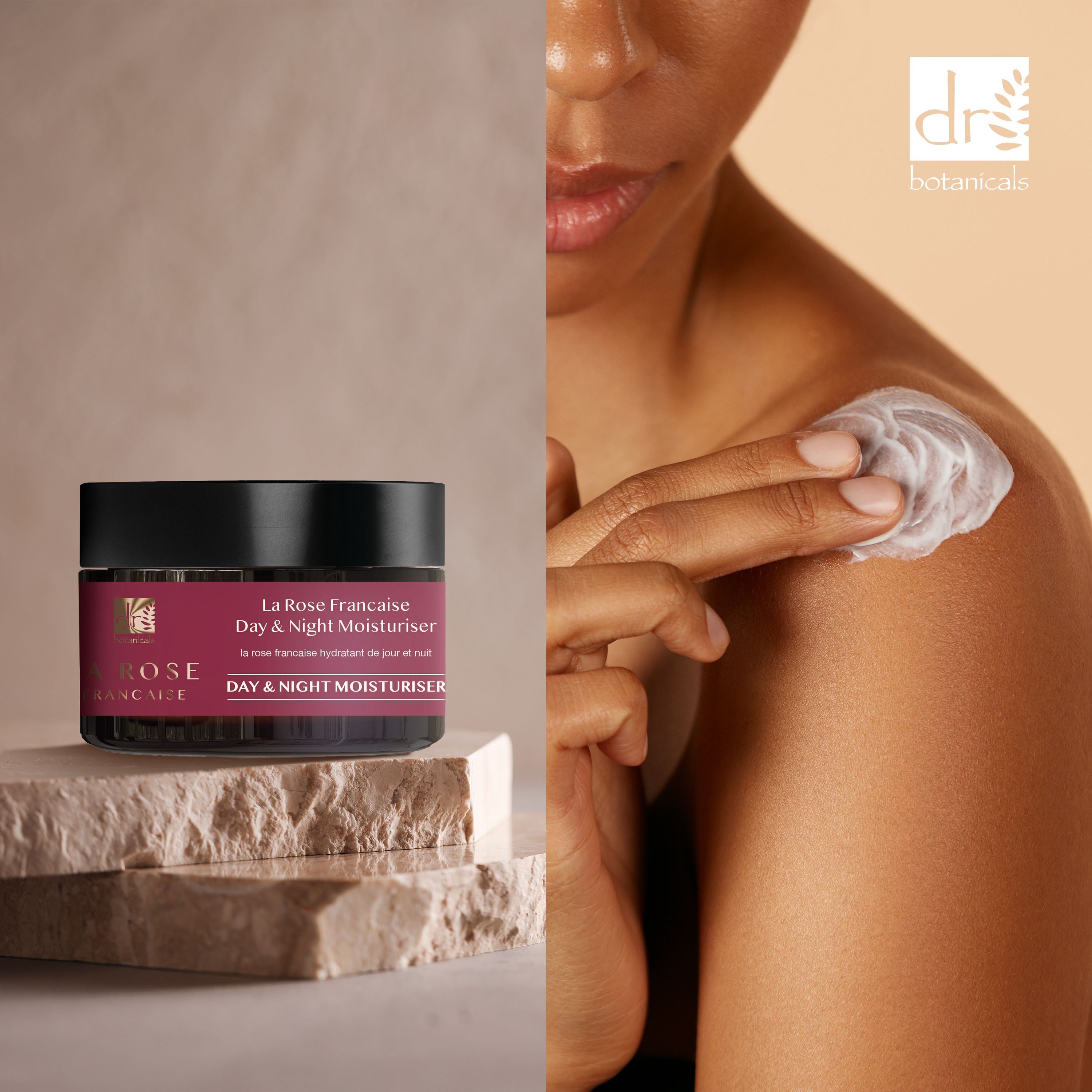 Dunkelrotes Produkt mit schwarzem Deckel auf Stein. Aufschrift: La Rose Française Day & Night Moisturiser. Person trägt Creme auf.