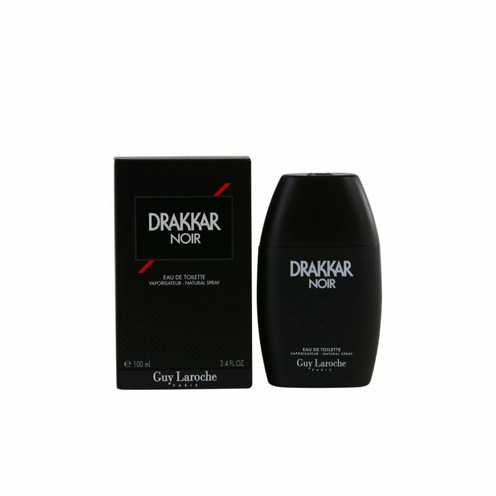 Schwarze Flasche und Karton Drakkar Noir. Eau de Toilette. Flasche oval, schwarz. Karton mit Logo und Text. Guy Laroche.