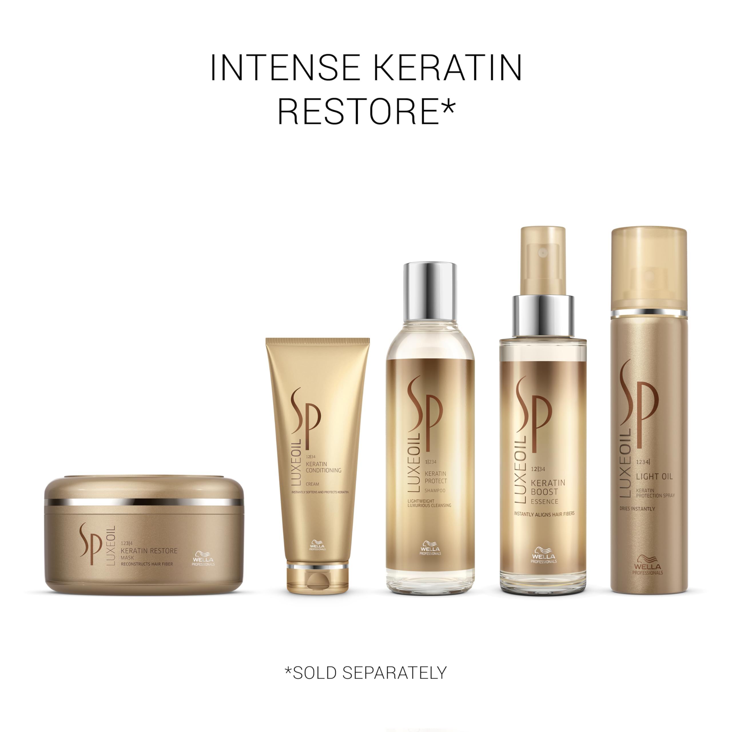 Fünf goldfarbene Haarprodukte. Enthalten: Dose, Tube, Flaschen und Sprays. Text: Intense Keratin Restore, Sold Separately.