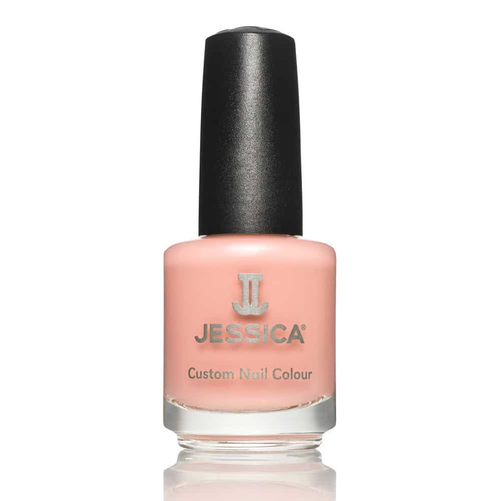 Nagellackflasche mit rosa Inhalt und schwarzem Deckel. Aufschrift: JESSICA Custom Nail Colour.
