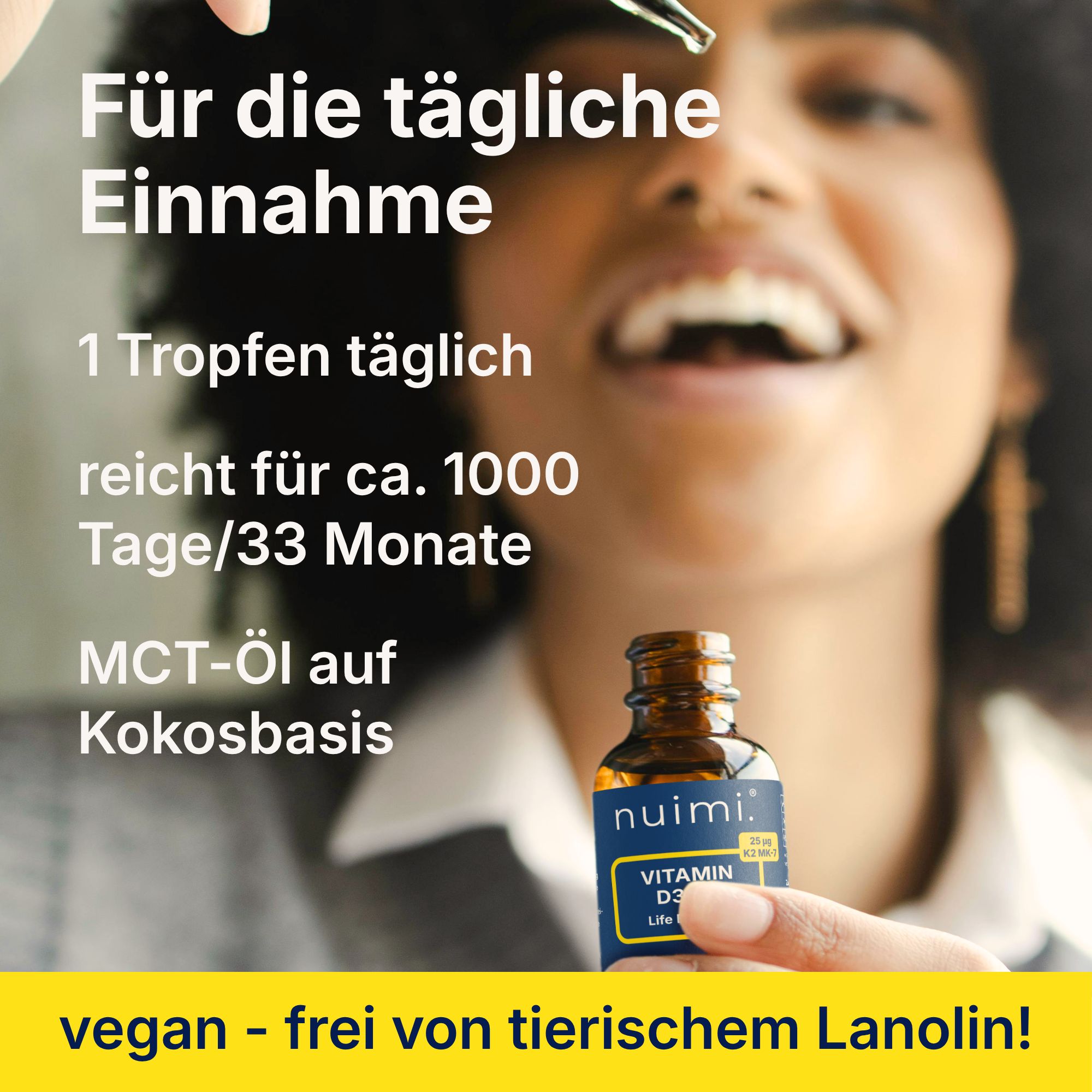 Braune Glasflasche mit Pipette, nuimi Vitamin D3 K2 Tropfen, 30 ml, vegan.