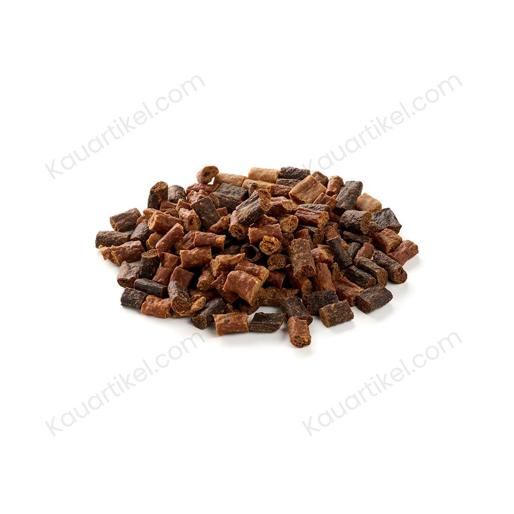 Hundefutter-Leckerlis in einem wiederverschließbaren Beutel, Trainingssnack Lamm.