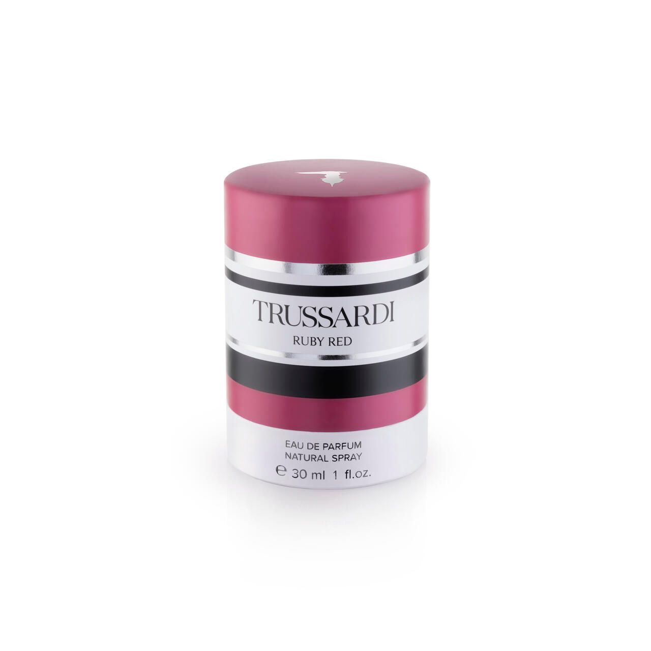 Flakon Trussardi Ruby Red. Zylindrische Form, rosa, weiß und schwarze Elemente. Schriftzug Trussardi Ruby Red. Natural Spray.