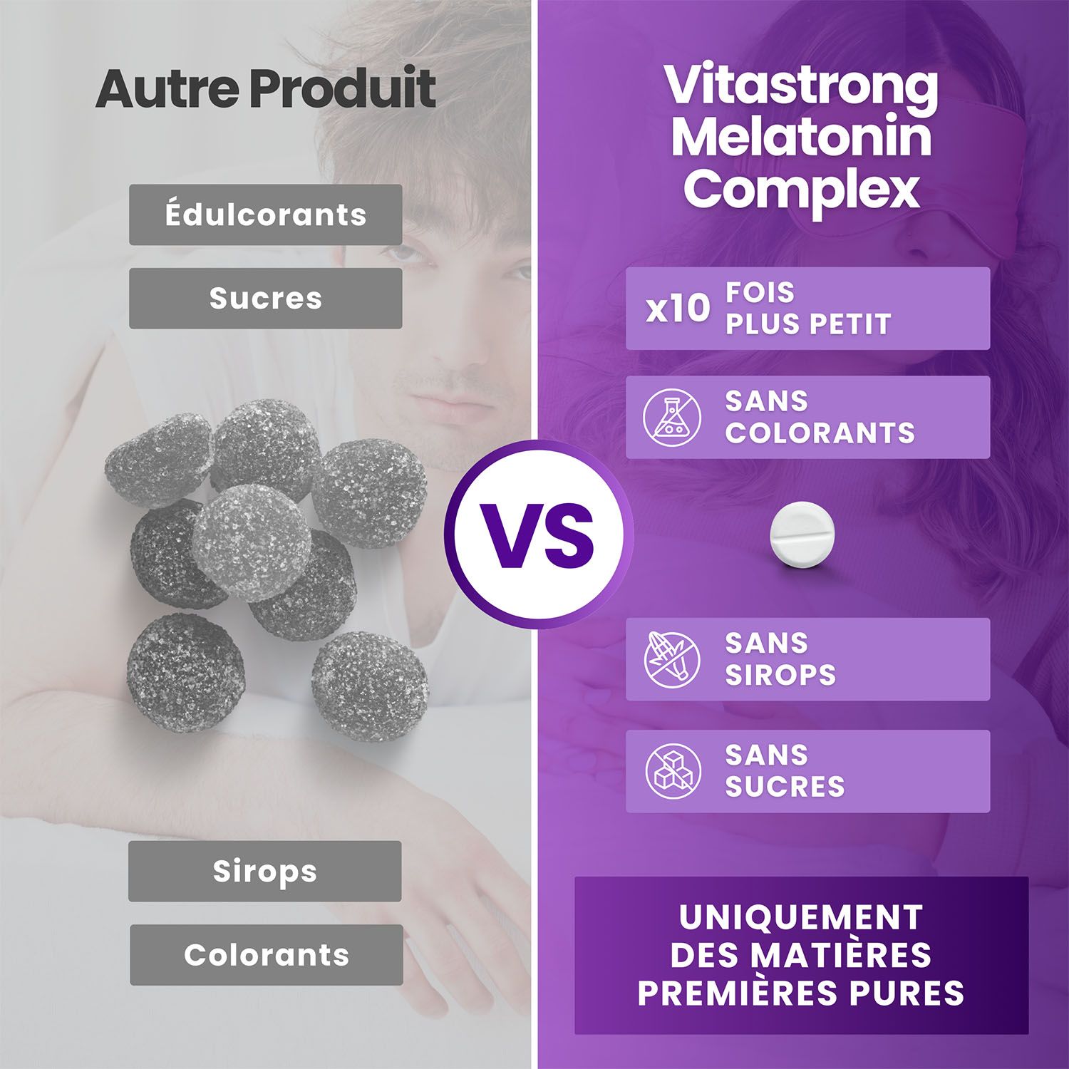 Comparaison : bonbons vs. comprimé. Vitastrong Melatonin Complex : 10x plus petit, sans colorants, sirops, sucres.