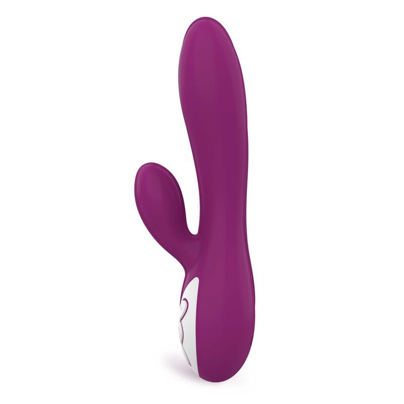 Lila Vibrator mit geschwungener Form und weißem Bedienfeld.