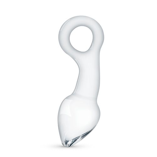 Klarer Glas-Prostatadildo mit Ring. Tropfenförmiger Körper, abgerundete Form.