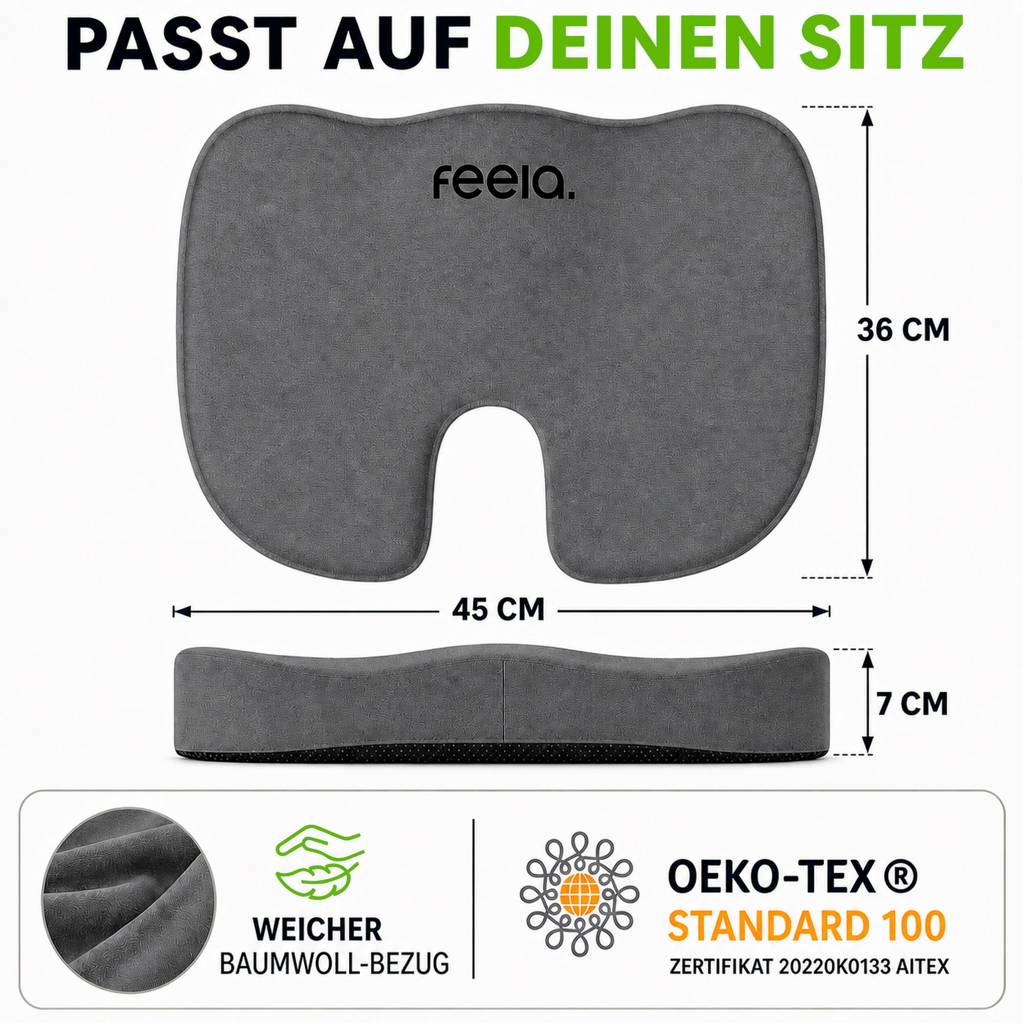 Graues Sitzkissen mit Maßen: 45x36x7 cm. Weicher Baumwollbezug, OEKO-TEX® Siegel.