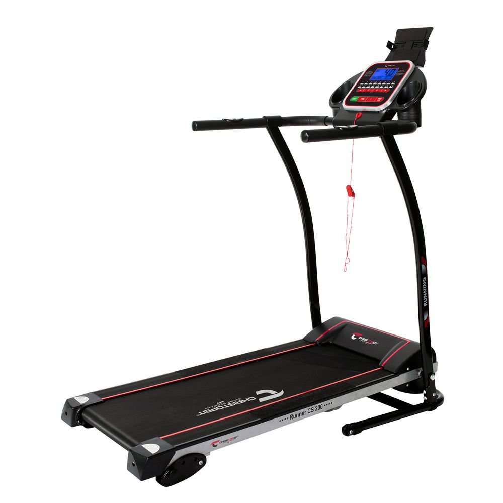 Laufband mit schwarzem Rahmen, roter Akzentlinie und digitalem Display. Griffe und Konsole sind sichtbar.