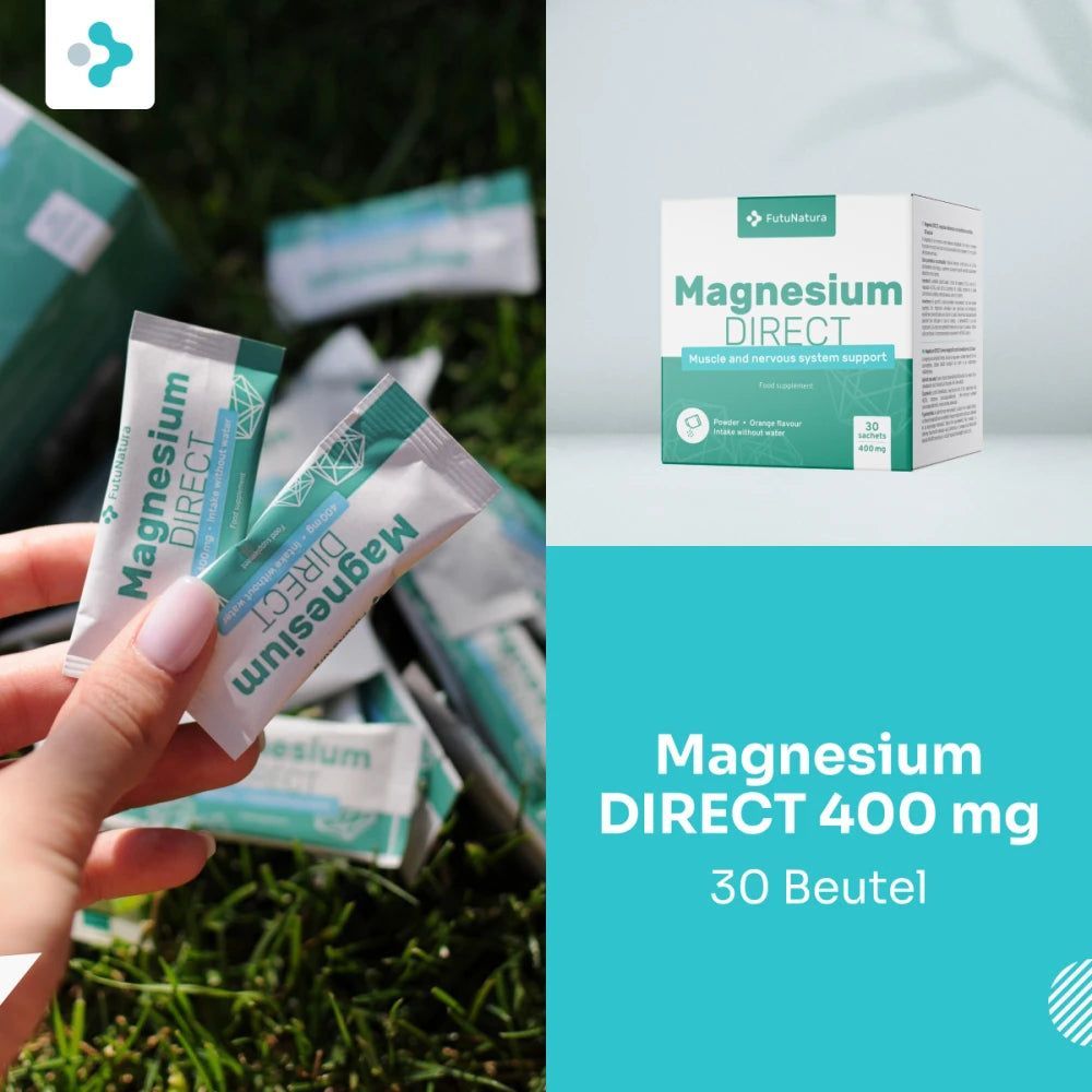 Hand hält zwei FutuNatura Magnesium DIRECT 400 mg Einzelportionen vor einer Box und Rasen.