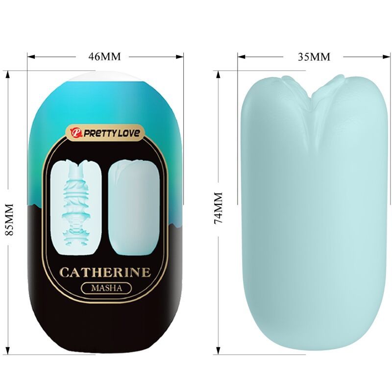 Verpackung mit Produkt und Maßen. Produkt: hellblau, länglich. Text: PRETTY LOVE, CATHERINE, MASHA, 46mm x 85mm x 74mm.