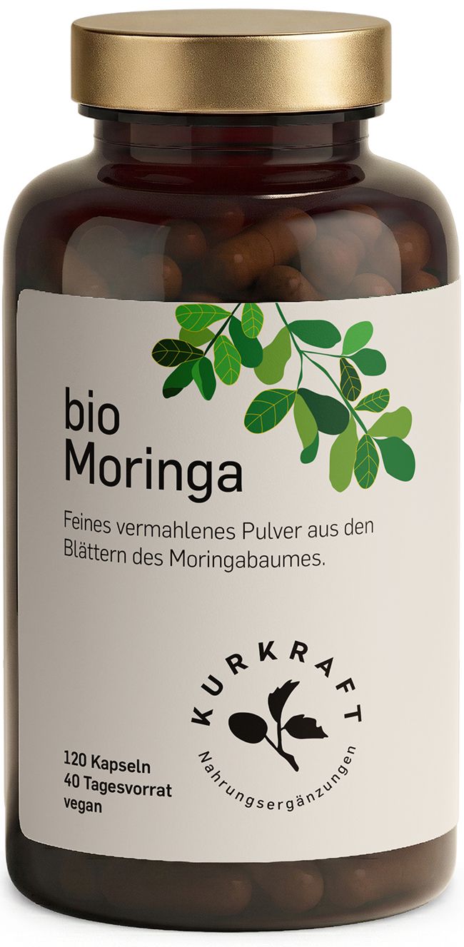 Braune Glasflasche mit goldfarbenem Deckel. Aufschrift: Bio Moringa. Logo von Kurkraft.