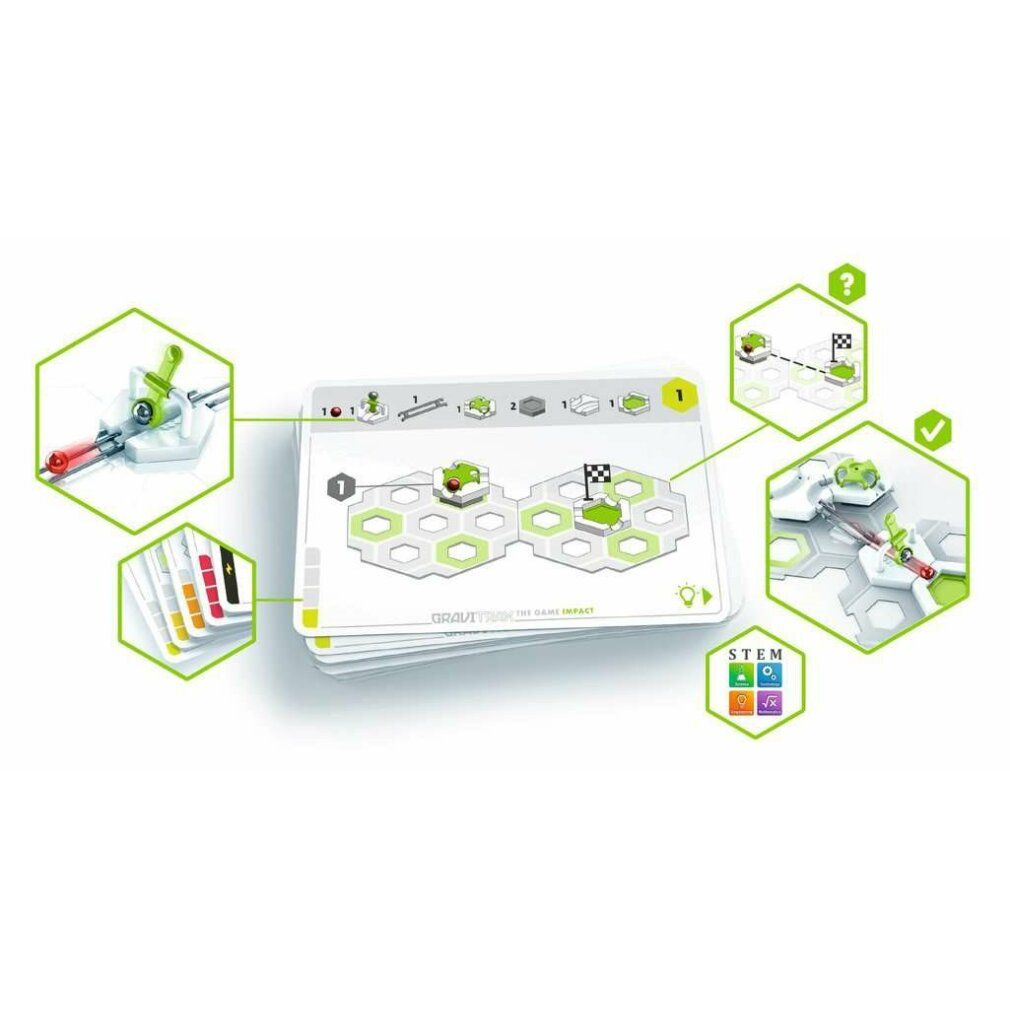 Grafik mit GraviTrax-Bauteilen und Karten. Enthält Bahnen, Platten, Würfel, grüne Elemente und Karten.