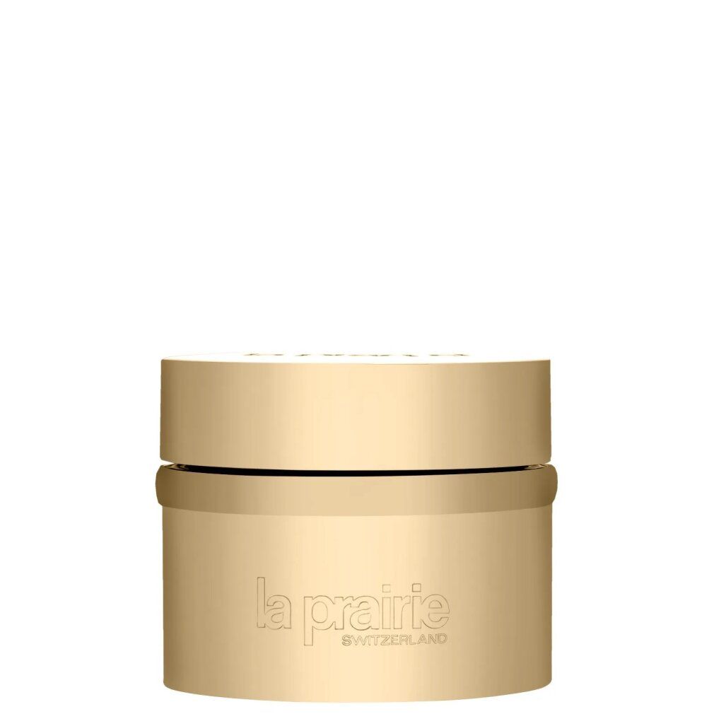 Goldfarbener Tiegel mit Deckel. Geprägt: La Prairie, Switzerland. Zylindrische Form, glatte Oberfläche.