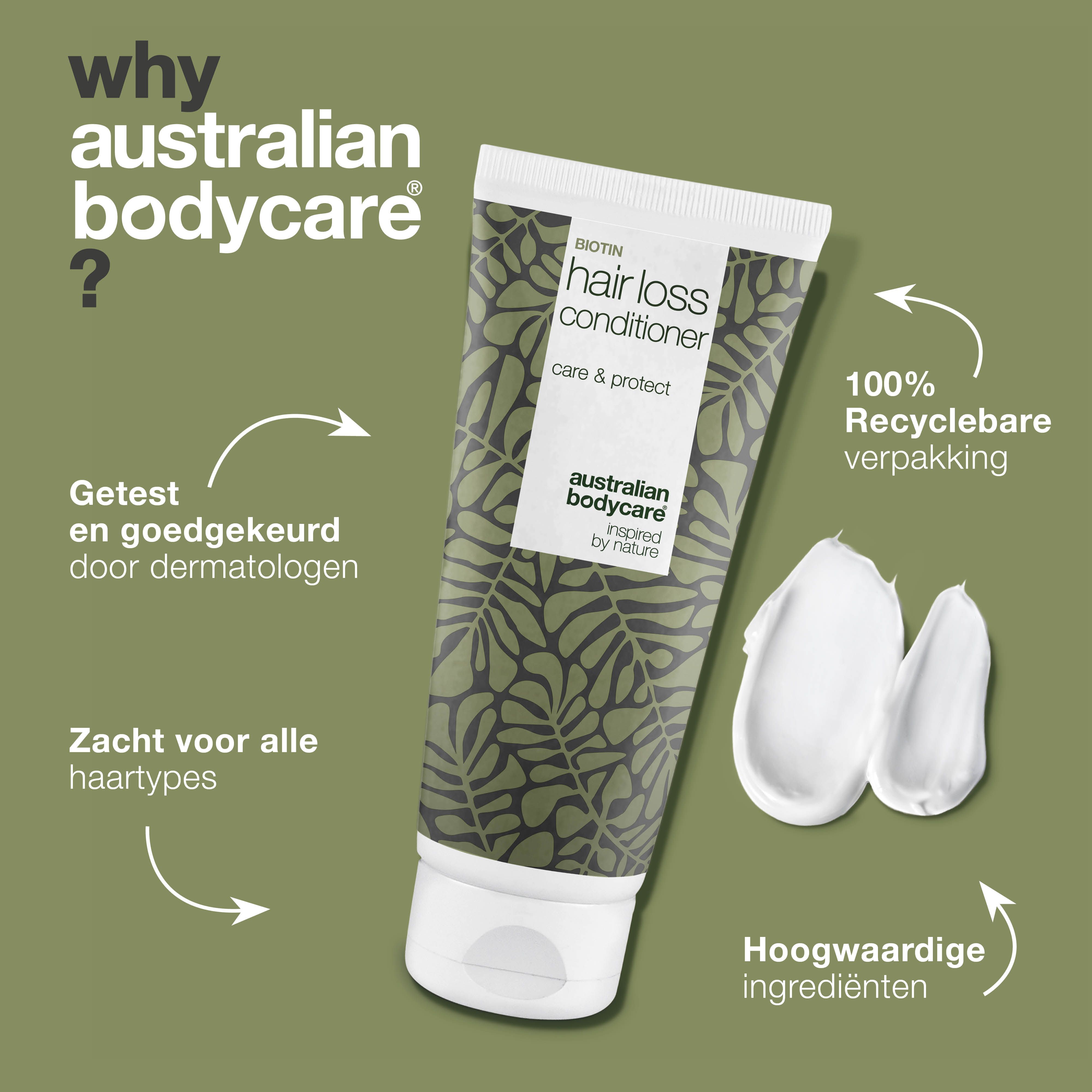 Tube haaruitval conditioner. Tekst: Hair loss conditioner, Australian Bodycare, Getest en goedgekeurd door dermatologen.