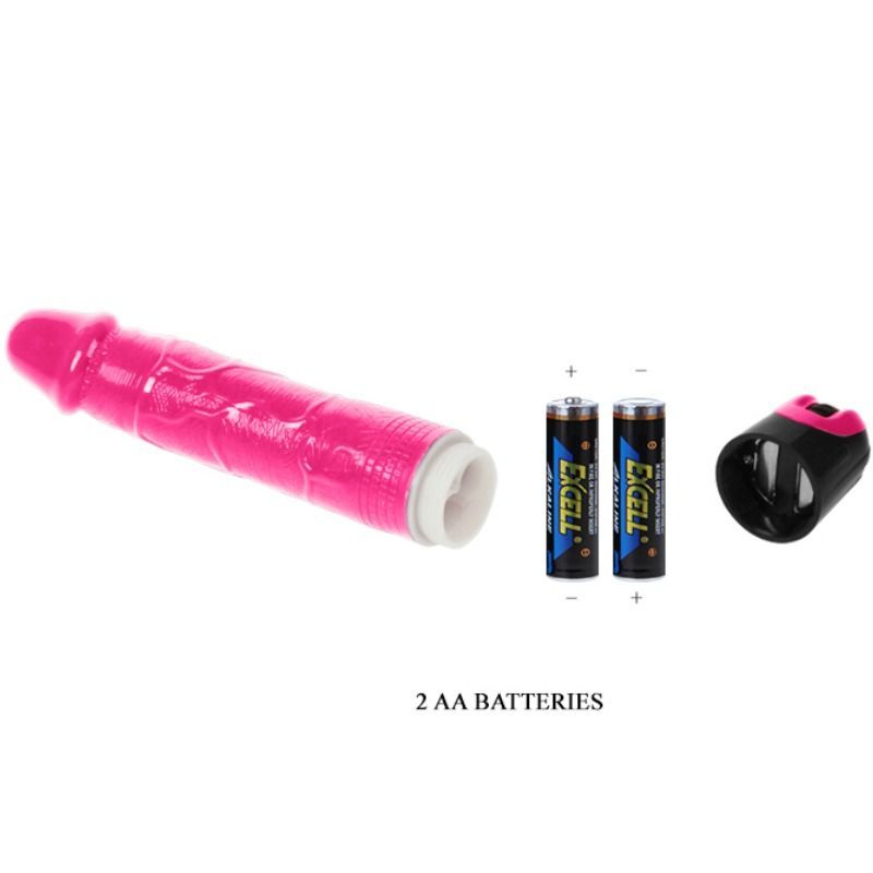 Pinkfarbener Vibrator, Batterien und ein separates Teil. Text: 2 AA BATTERIES.