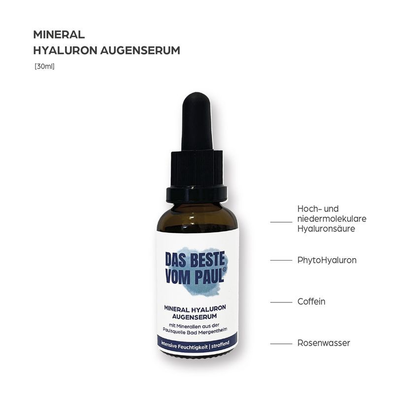 Braune Flasche mit Pipette. Aufschrift: Das Beste vom Paul. Produkt: Mineral Hyaluron Augenserum. Inhaltsstoffe.