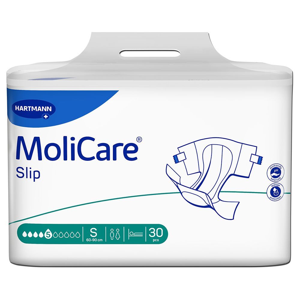 Hartmann MoliCare Slip, Packung. Größe S, 30 Stück. Saugstärke: 5 Tropfen. Mit Logo und Produktabbildung.